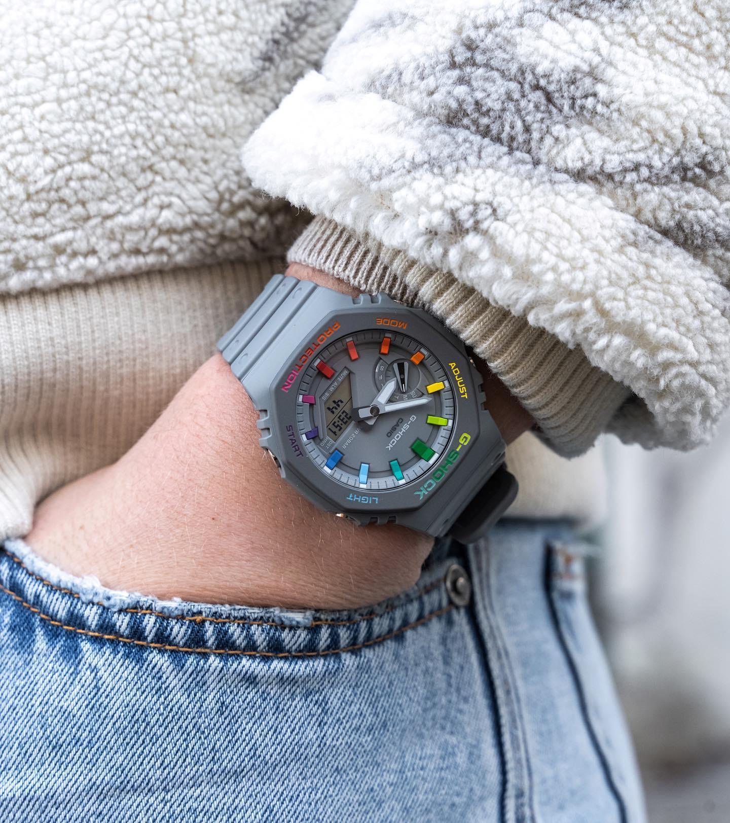 Modified G-Shock with Colourful Indices and Outer Case - CasiOak Grey Rainbow - DREAM WATCHES