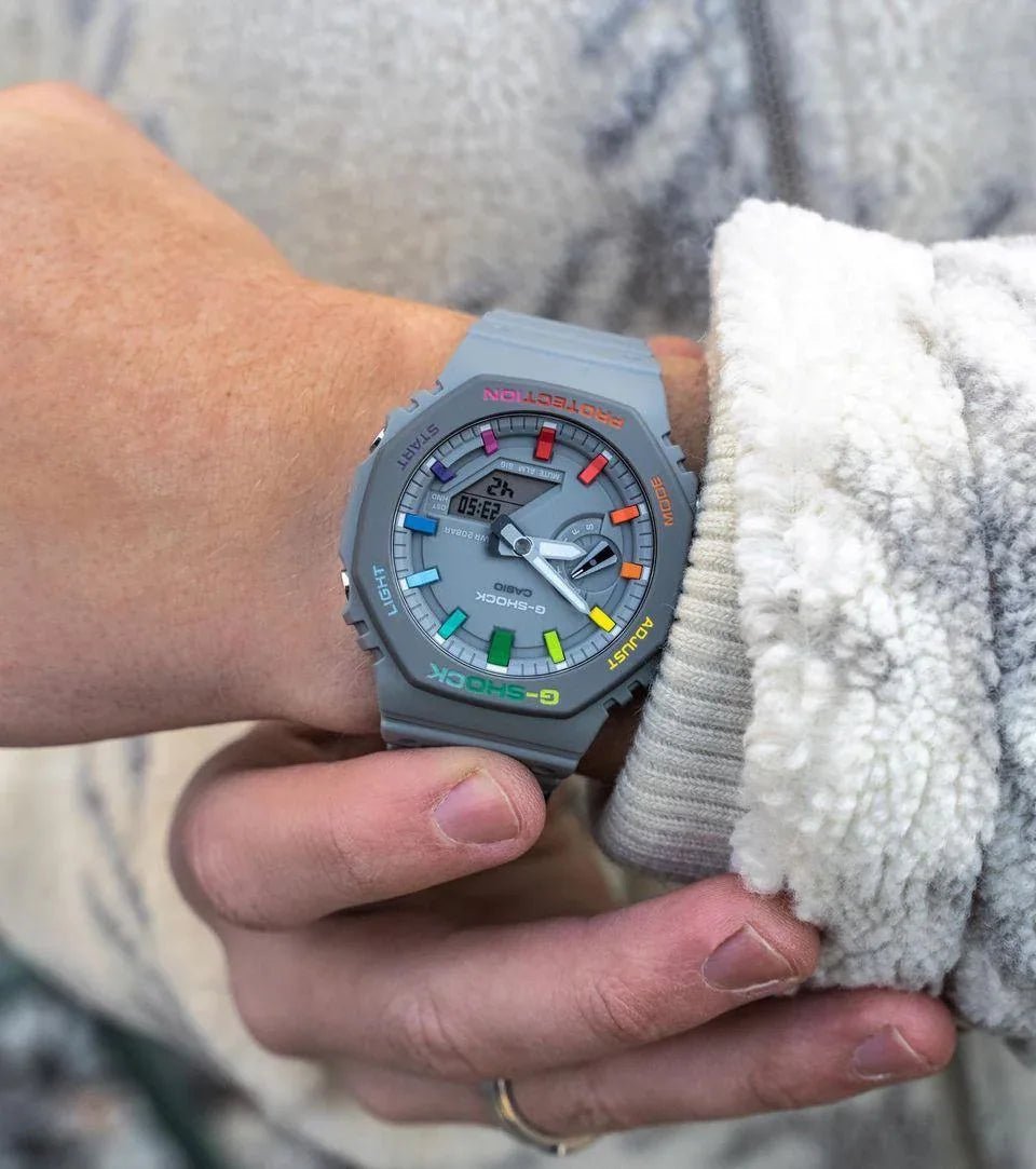 Modified G-Shock with Colourful Indices and Outer Case - CasiOak Grey Rainbow - DREAM WATCHES