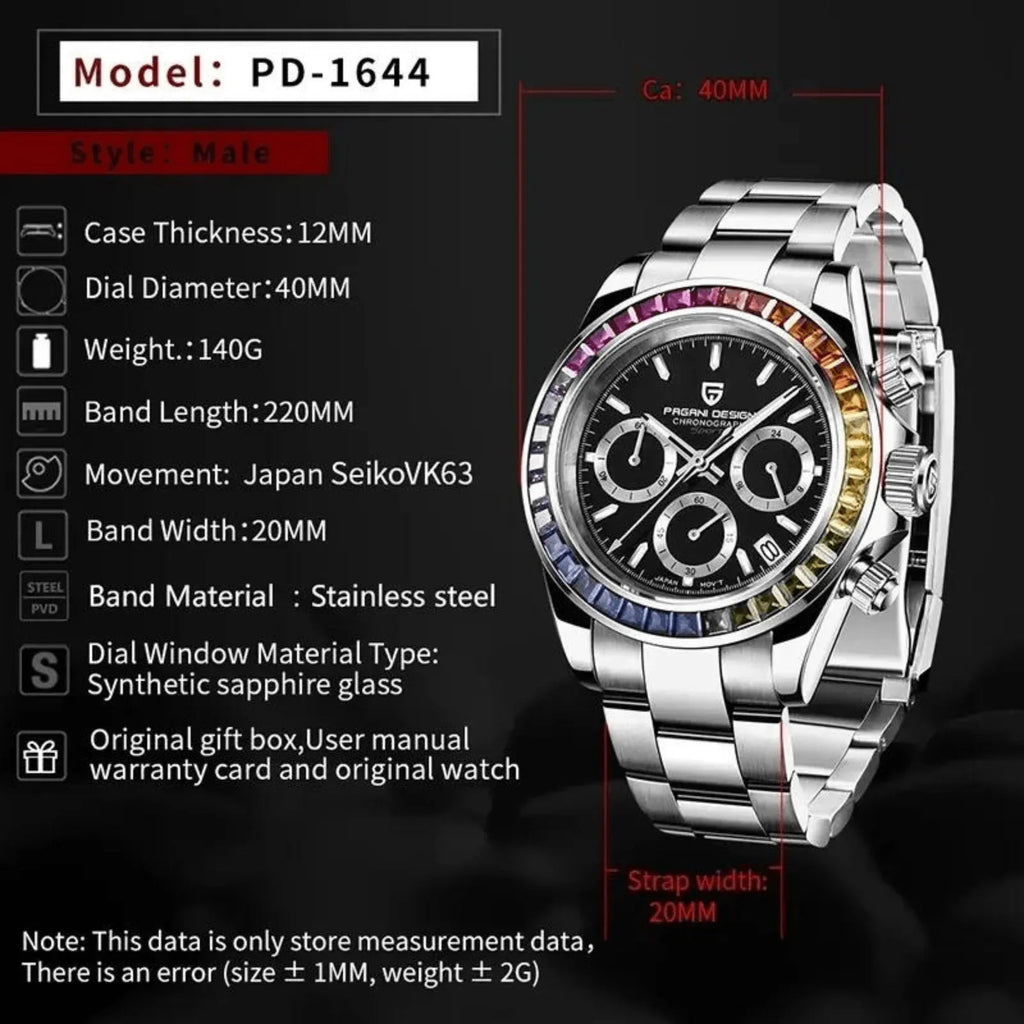 Pagani Design | Luxury | Meca-quartz Movement (SeikoVK63) | Stainless Steel Men's 40MM Watch (Rainbow Black) - DREAM WATCHES