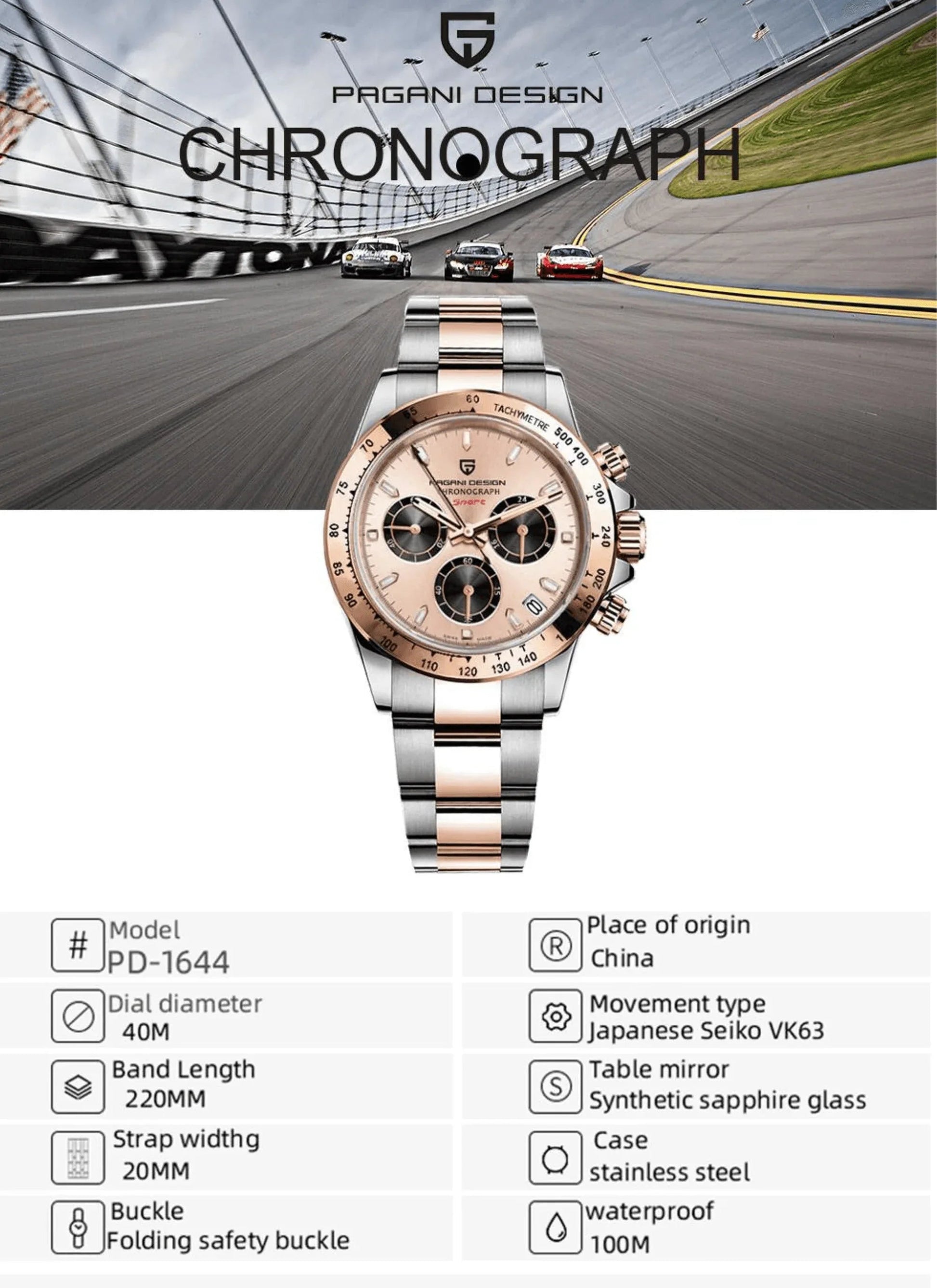 Pagani Design PD-1644 | Luxury | Meca-quartz Movement (SeikoVK63) | Stainless Steel Men's 40MM Watch (Chocolate Dial Daytona) - DREAM WATCHES