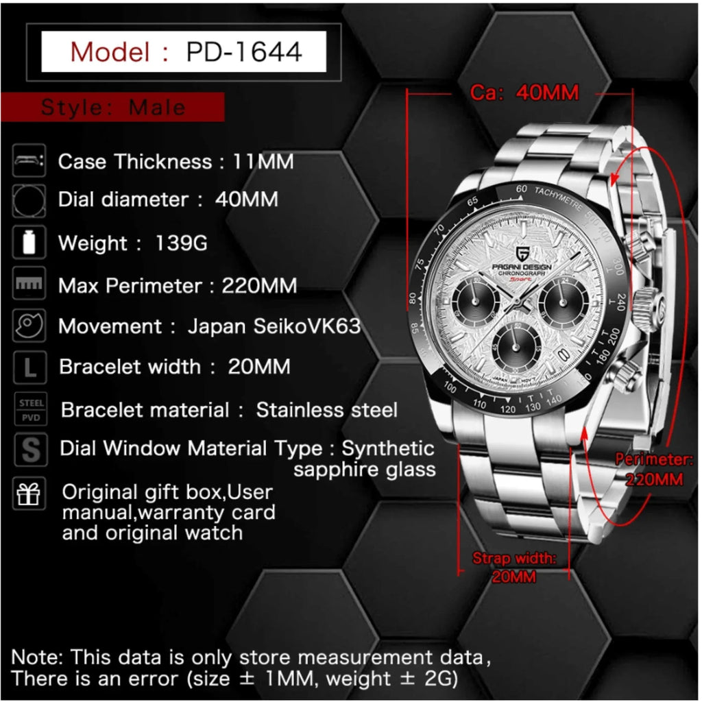 Pagani Design PD-1644 | Luxury | Meca-quartz Movement (SeikoVK63) | Stainless Steel Men's 40MM Watch (Daytona - Meteorite Dial) - DREAM WATCHES