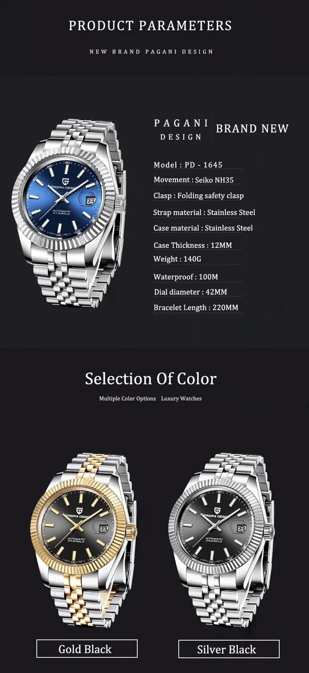 Pagani Design PD-1645 Date (Automatic Movement) Mechanical Watch 200M Waterproof Watch Stainless Steel Watch Fluted Bezel (Blue Dial - Jubilee Bracelet) - DREAM WATCHES