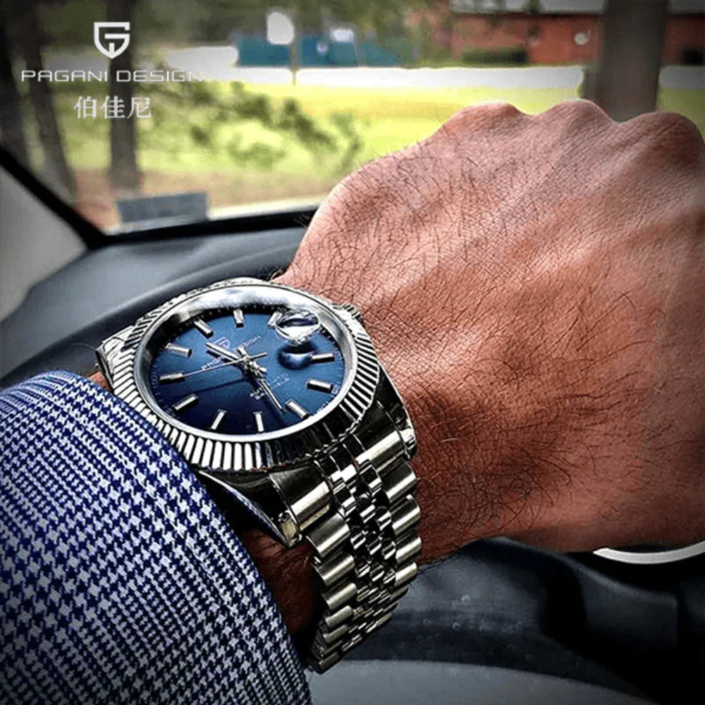 Pagani Design PD-1645 Date (Automatic Movement) Mechanical Watch 200M Waterproof Watch Stainless Steel Watch Fluted Bezel (Blue Dial - Jubilee Bracelet) - DREAM WATCHES