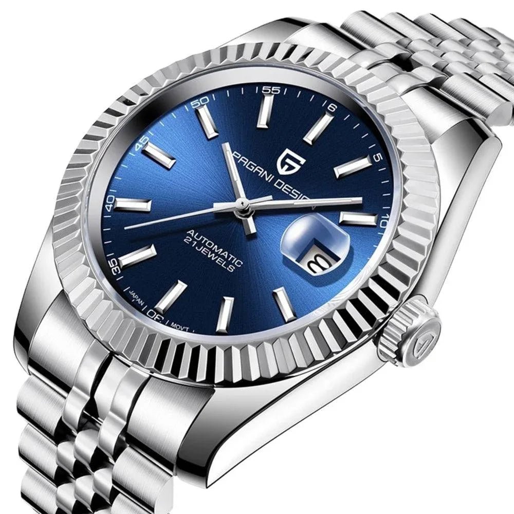 Pagani Design PD-1645 Date (Automatic Movement) Mechanical Watch 200M Waterproof Watch Stainless Steel Watch Fluted Bezel (Blue Dial - Jubilee Bracelet) - DREAM WATCHES