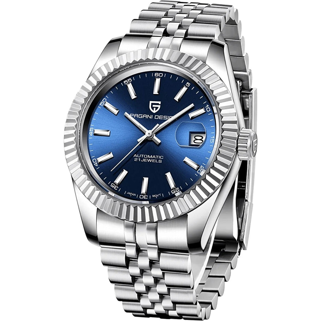 Pagani Design PD-1645 Date (Automatic Movement) Mechanical Watch 200M Waterproof Watch Stainless Steel Watch Fluted Bezel (Blue Dial - Jubilee Bracelet) - DREAM WATCHES
