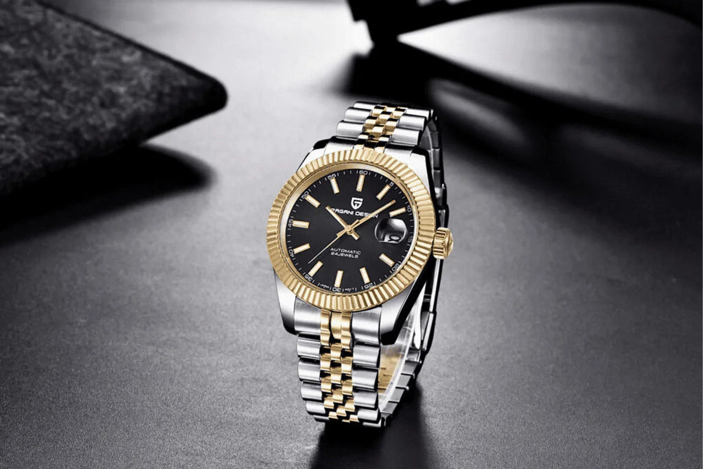 Pagani Design PD-1645 DateJust (Automatic Movement) Mechanical Watch 200M Waterproof Watch Stainless Steel Watch Fluted Bezel (Black Dial - Dual Tone Jubilee Bracelet) - DREAM WATCHES