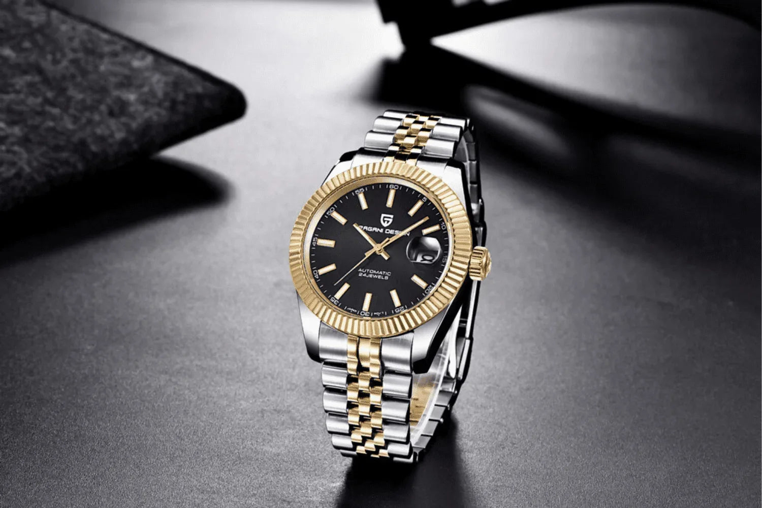 Pagani Design PD-1645 DateJust (Automatic Movement) Mechanical Watch 200M Waterproof Watch Stainless Steel Watch Fluted Bezel (Black Dial - Dual Tone Jubilee Bracelet) - DREAM WATCHES