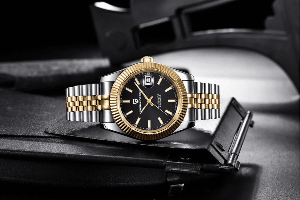Pagani Design PD-1645 DateJust (Automatic Movement) Mechanical Watch 200M Waterproof Watch Stainless Steel Watch Fluted Bezel (Black Dial - Dual Tone Jubilee Bracelet) - DREAM WATCHES