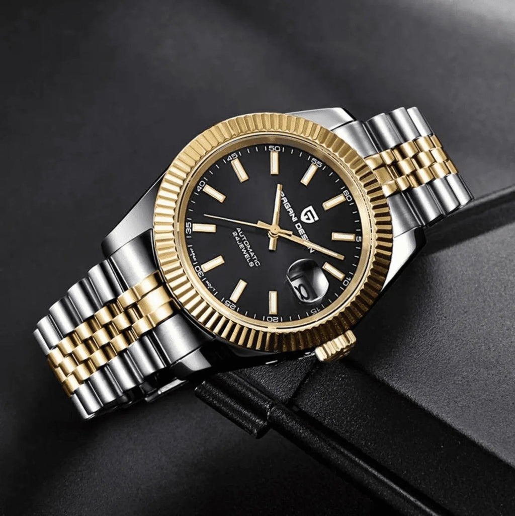 Pagani Design PD-1645 DateJust (Automatic Movement) Mechanical Watch 200M Waterproof Watch Stainless Steel Watch Fluted Bezel (Black Dial - Dual Tone Jubilee Bracelet) - DREAM WATCHES