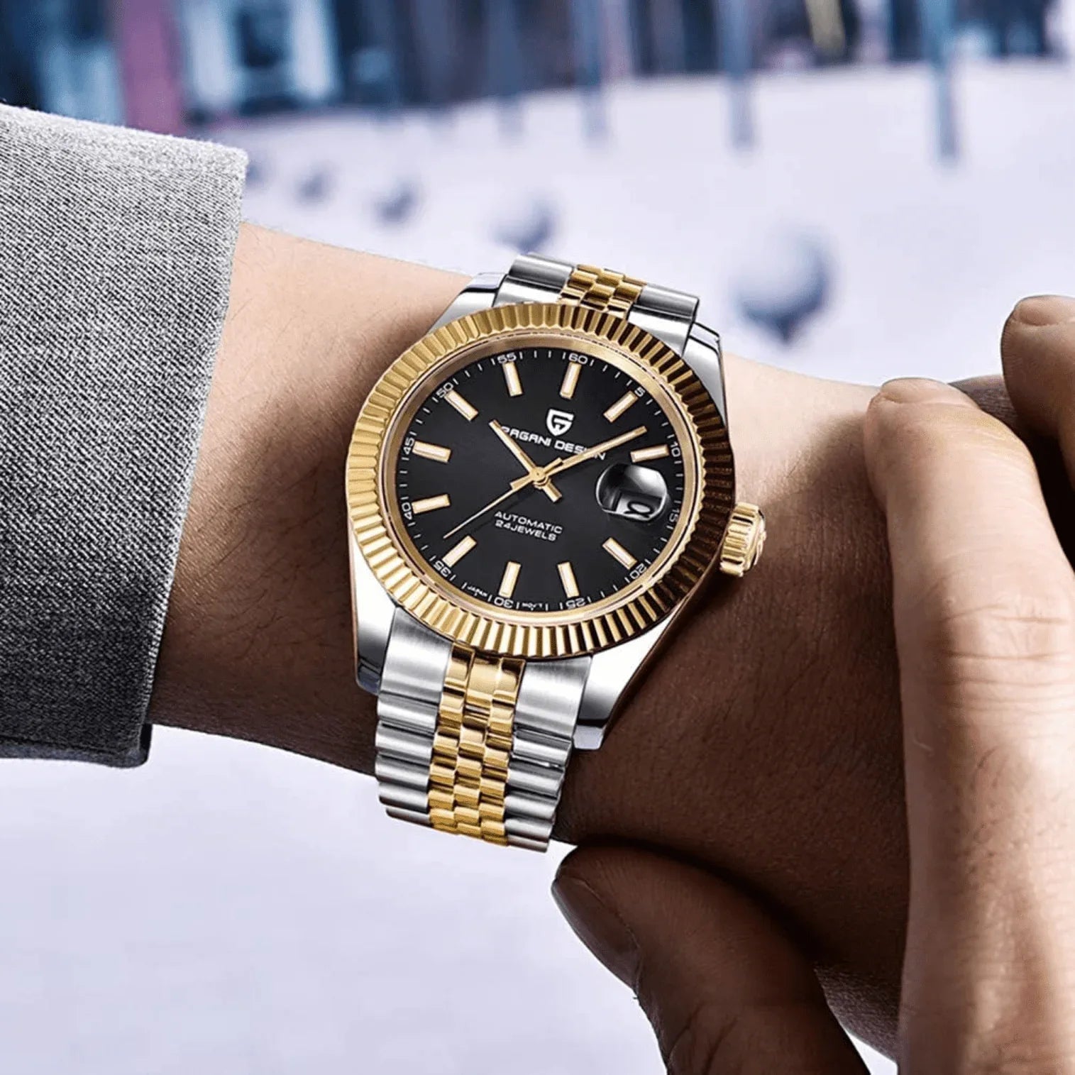 Pagani Design PD-1645 DateJust (Automatic Movement) Mechanical Watch 200M Waterproof Watch Stainless Steel Watch Fluted Bezel (Black Dial - Dual Tone Jubilee Bracelet) - DREAM WATCHES