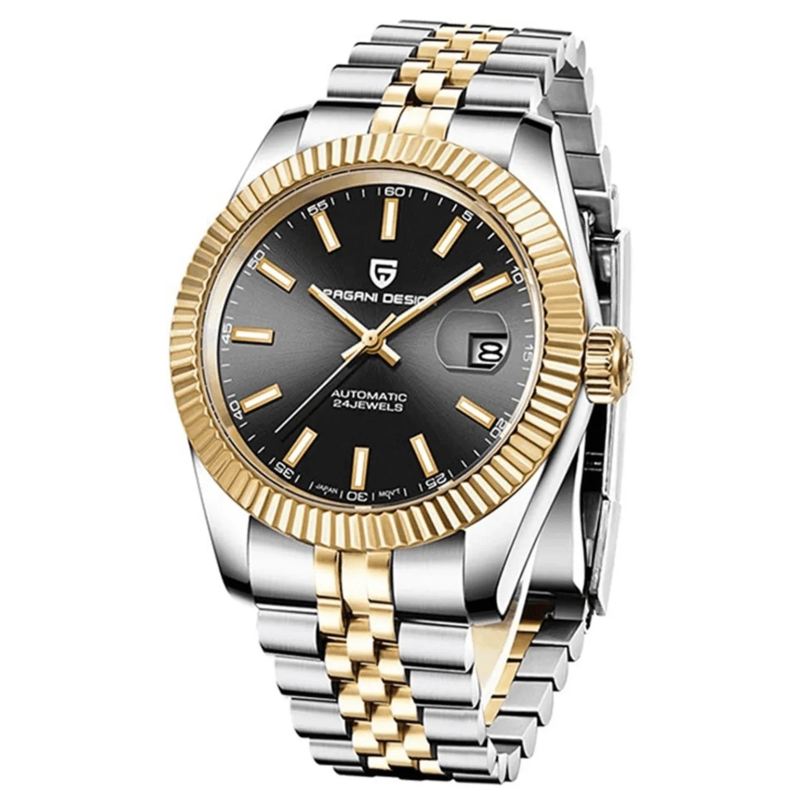 Pagani Design PD-1645 DateJust (Automatic Movement) Mechanical Watch 200M Waterproof Watch Stainless Steel Watch Fluted Bezel (Black Dial - Dual Tone Jubilee Bracelet) - DREAM WATCHES