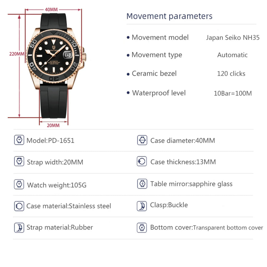 Pagani Design PD-1651 40 MM Mechanical Watch Stainless Steel Watch - Yatch Master - DREAM WATCHES