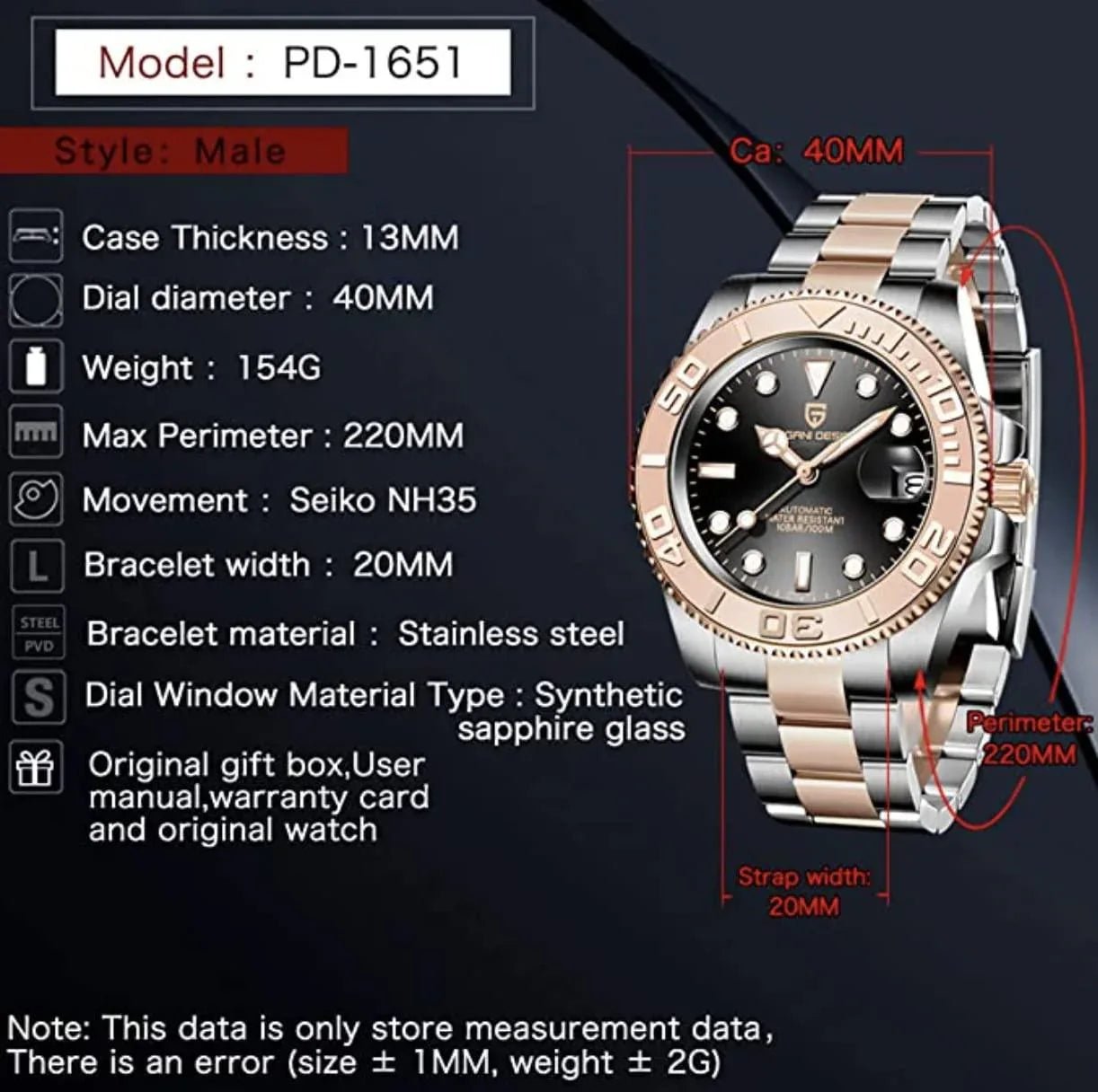 Pagani Design PD-1651 40mm Mens Automatic Waterproof Mechanical Watch with Yatch-Master Hommage - DREAM WATCHES