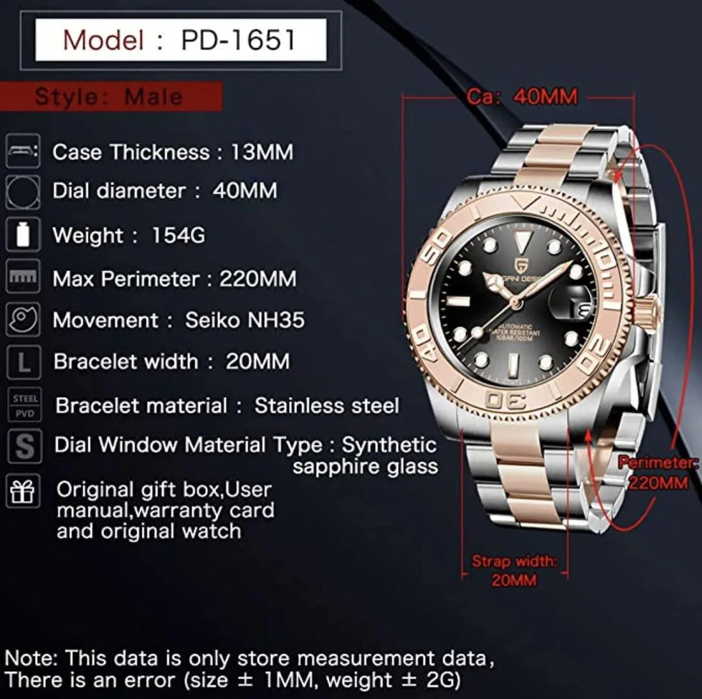 Pagani Design PD-1651 40mm Mens Automatic Waterproof Mechanical Watch with Yatch-Master Hommage - DREAM WATCHES