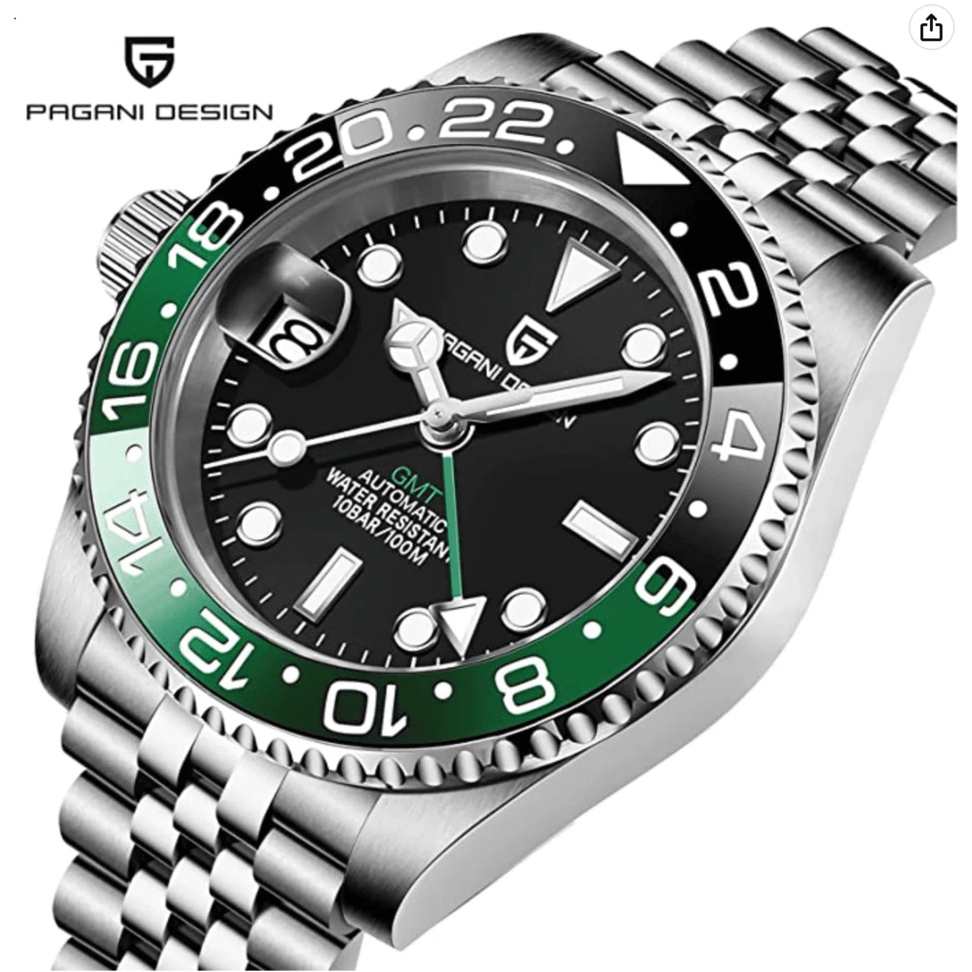 Pagani Design PD-1662 Waterproof Mechanical Automatic Watch Stainless Steel Men's 40MM Watch on Jubilee Bracelet (Sprite - Left Handed) - DREAM WATCHES