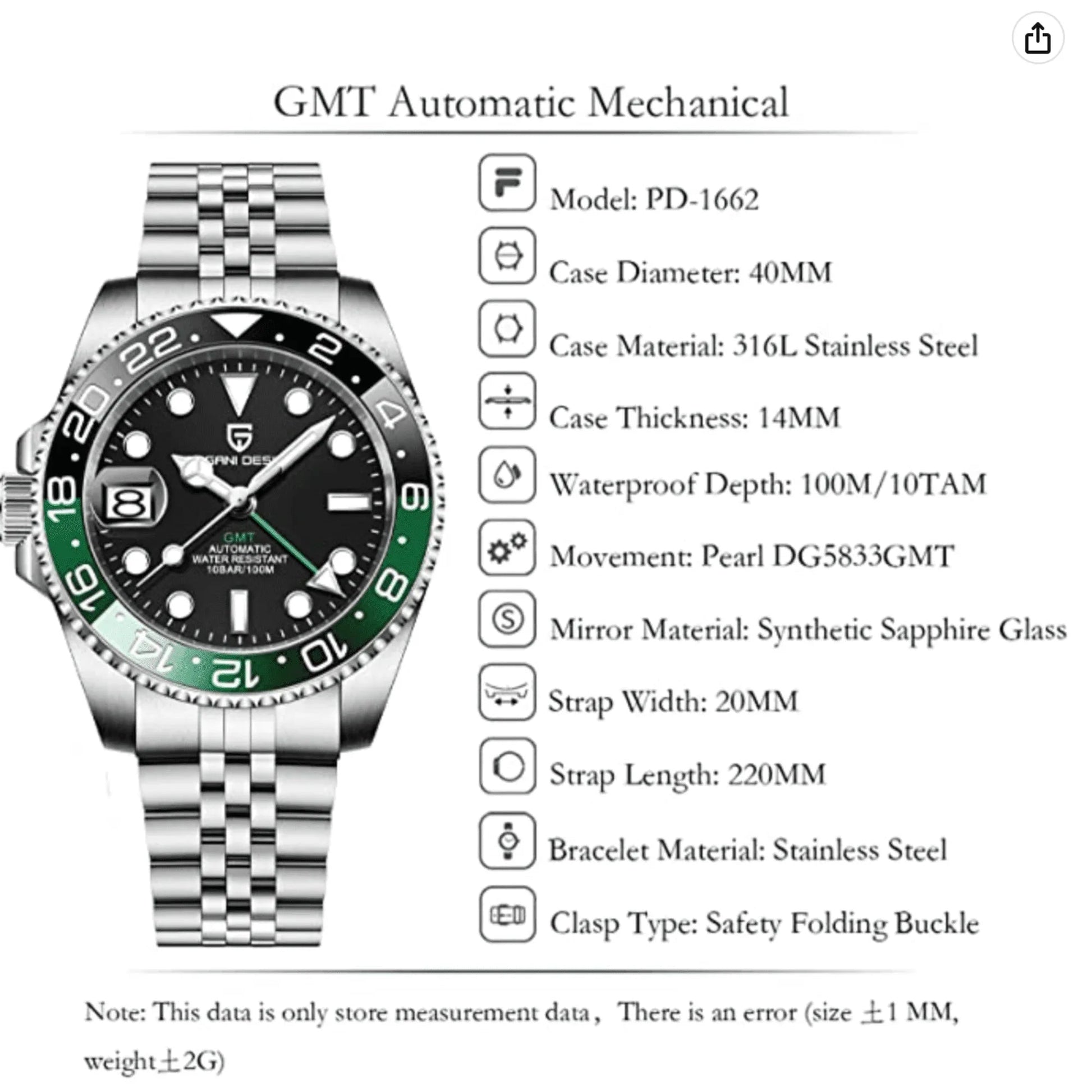 Pagani Design PD-1662 Waterproof Mechanical Automatic Watch Stainless Steel Men's 40MM Watch on Jubilee Bracelet (Sprite - Left Handed) - DREAM WATCHES