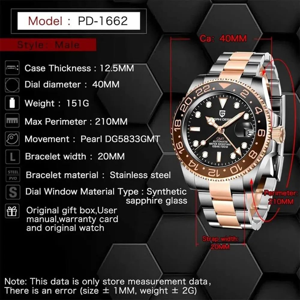 Pagani Design PD-1662 Waterproof Mechanical Automatic Watch Stainless Steel Men's 40MM Watch (Rootbeer) - DREAM WATCHES