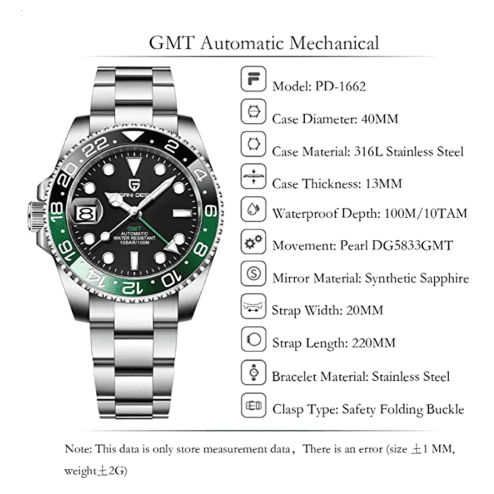 Pagani Design PD-1662 Waterproof Mechanical Automatic Watch Stainless Steel Men's 40MM Watch (Sprite - Left Handed) - DREAM WATCHES