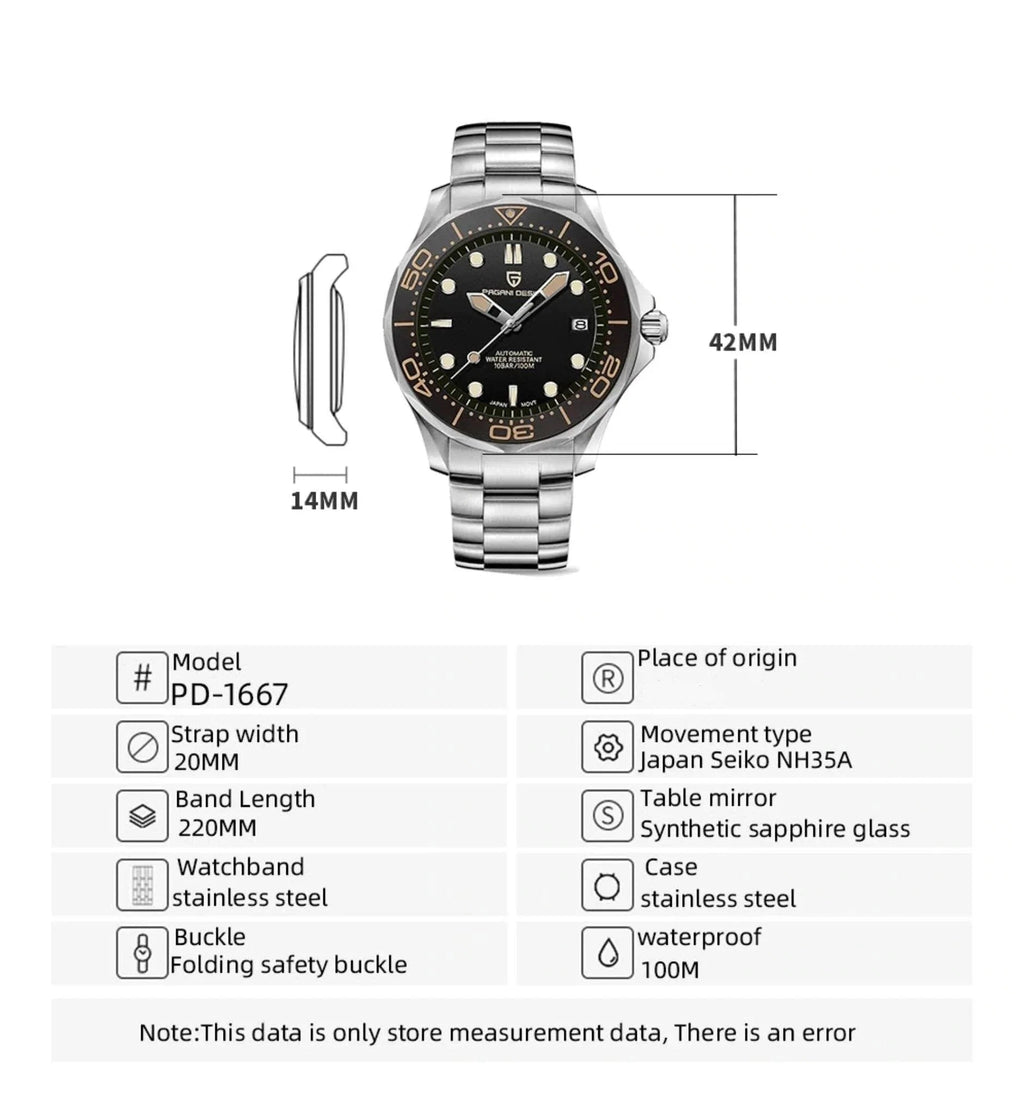 Pagani Design PD-1667 40mm Mens Automatic Waterproof Mechanical Watch with (Japanese NH-35 Movement) 007 Seamaster - DREAM WATCHES