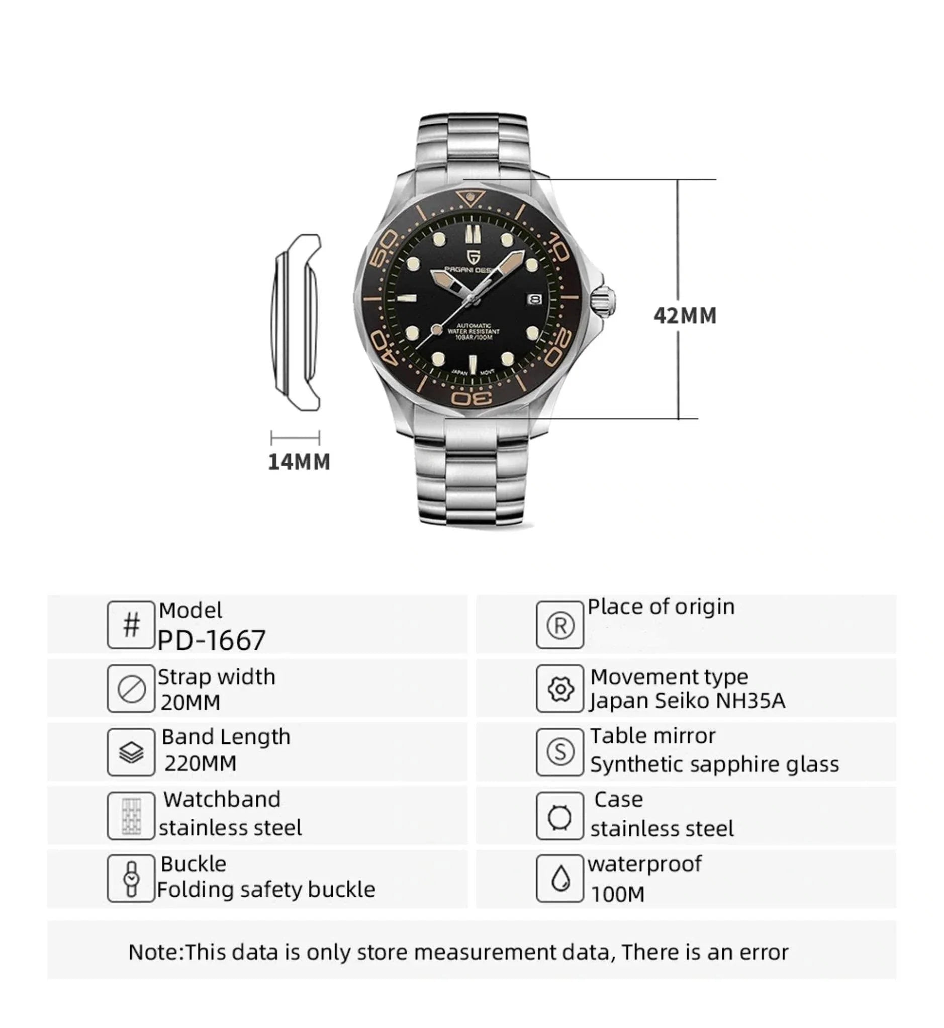 Pagani Design PD-1667 40mm Mens Automatic Waterproof Mechanical Watch with (Japanese NH-35 Movement) 007 Seamaster - DREAM WATCHES
