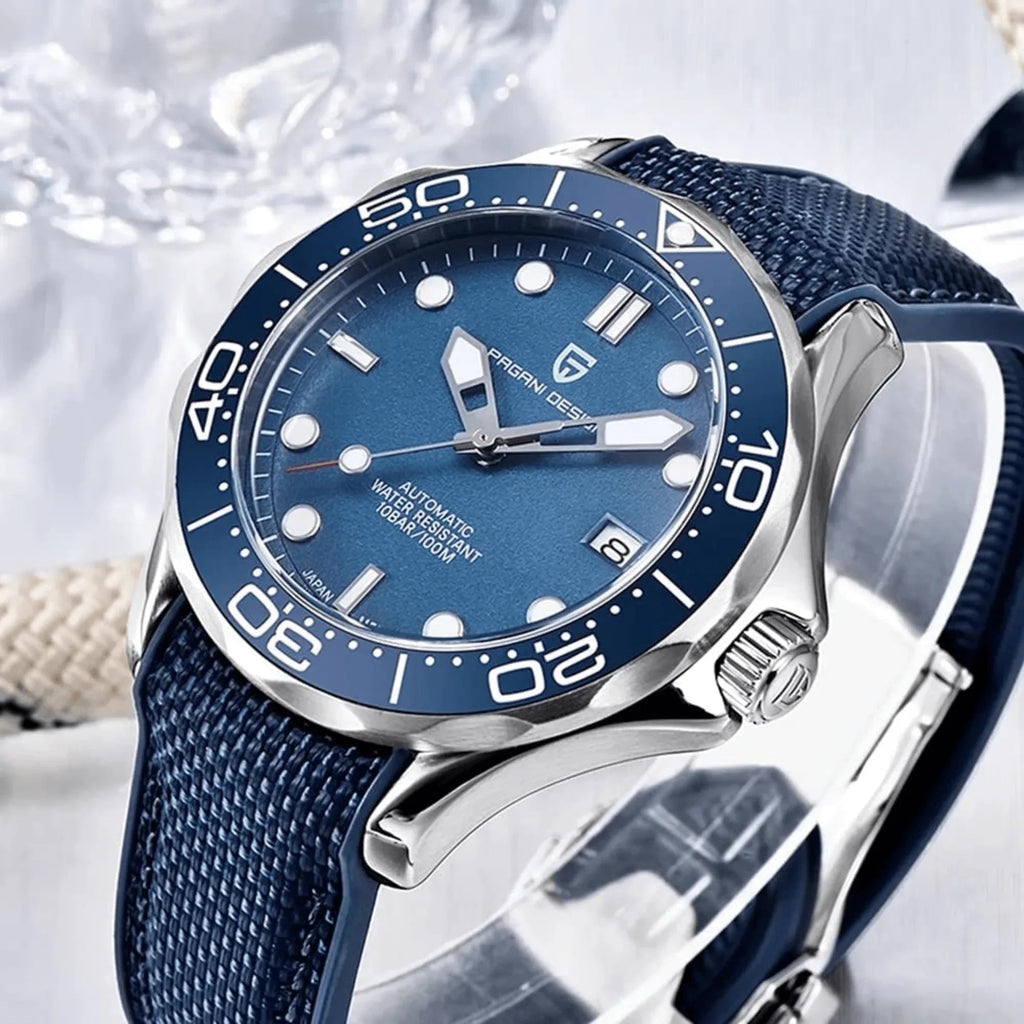 Pagani Design PD-1667 40mm Mens Automatic Waterproof Mechanical Watch with (Japanese NH-35 Movement) Seamaster Hommage - Blue Dial Nylon - DREAM WATCHES
