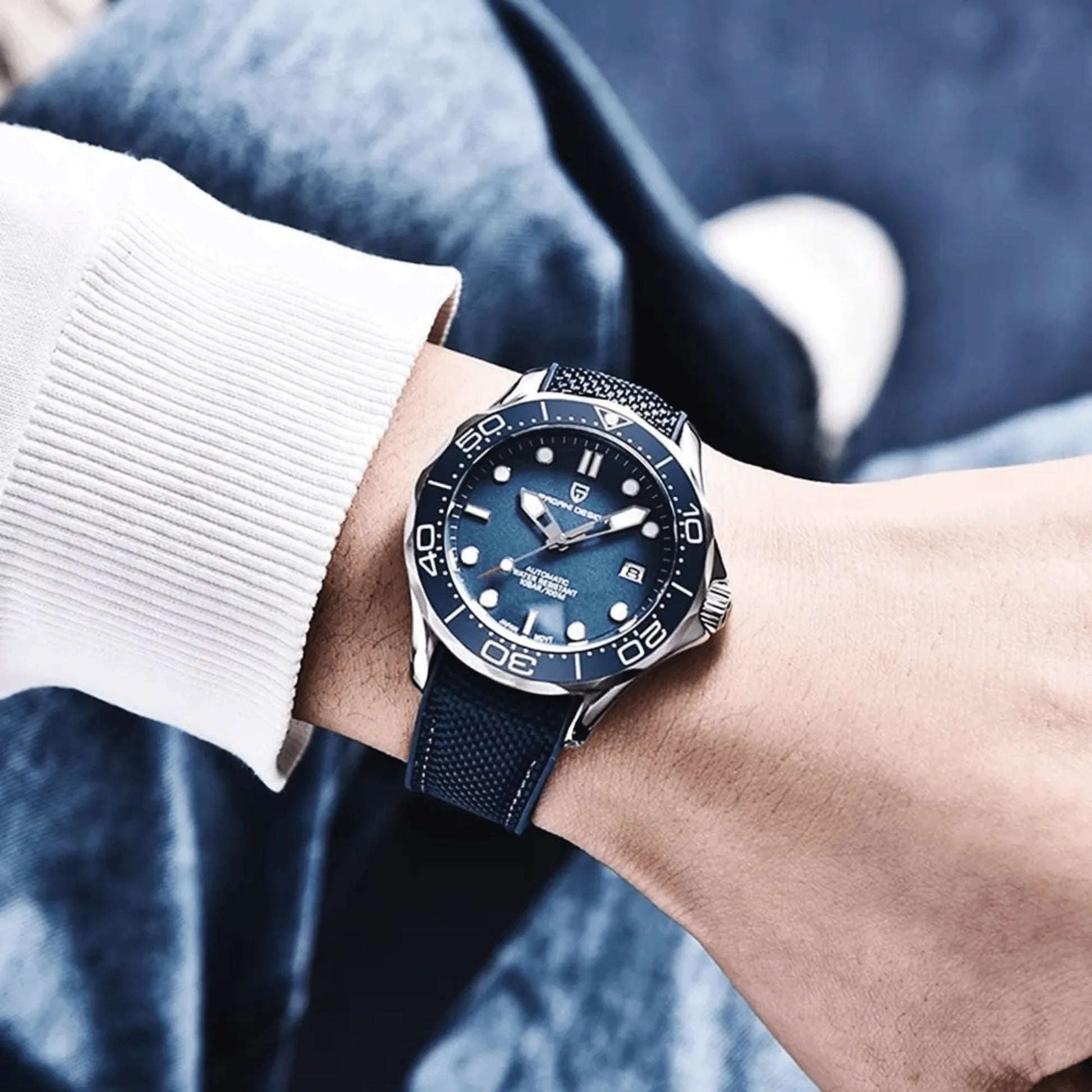 Pagani Design PD-1667 40mm Mens Automatic Waterproof Mechanical Watch with (Japanese NH-35 Movement) Seamaster Hommage - Blue Dial Nylon - DREAM WATCHES