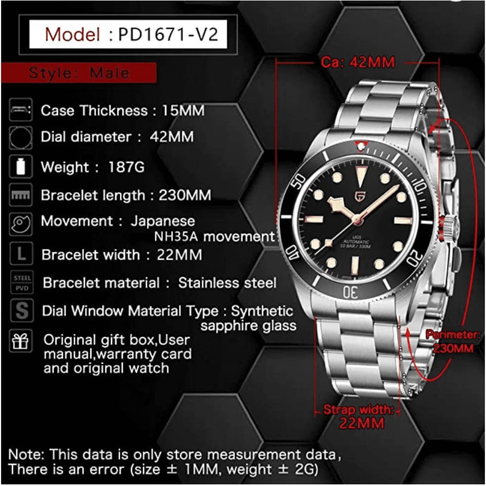 Pagani Design PD-1671 V2 42mm Mens Automatic Waterproof Mechanical Watch with (Japanese NH-35 Movement) - Black Bay - DREAM WATCHES