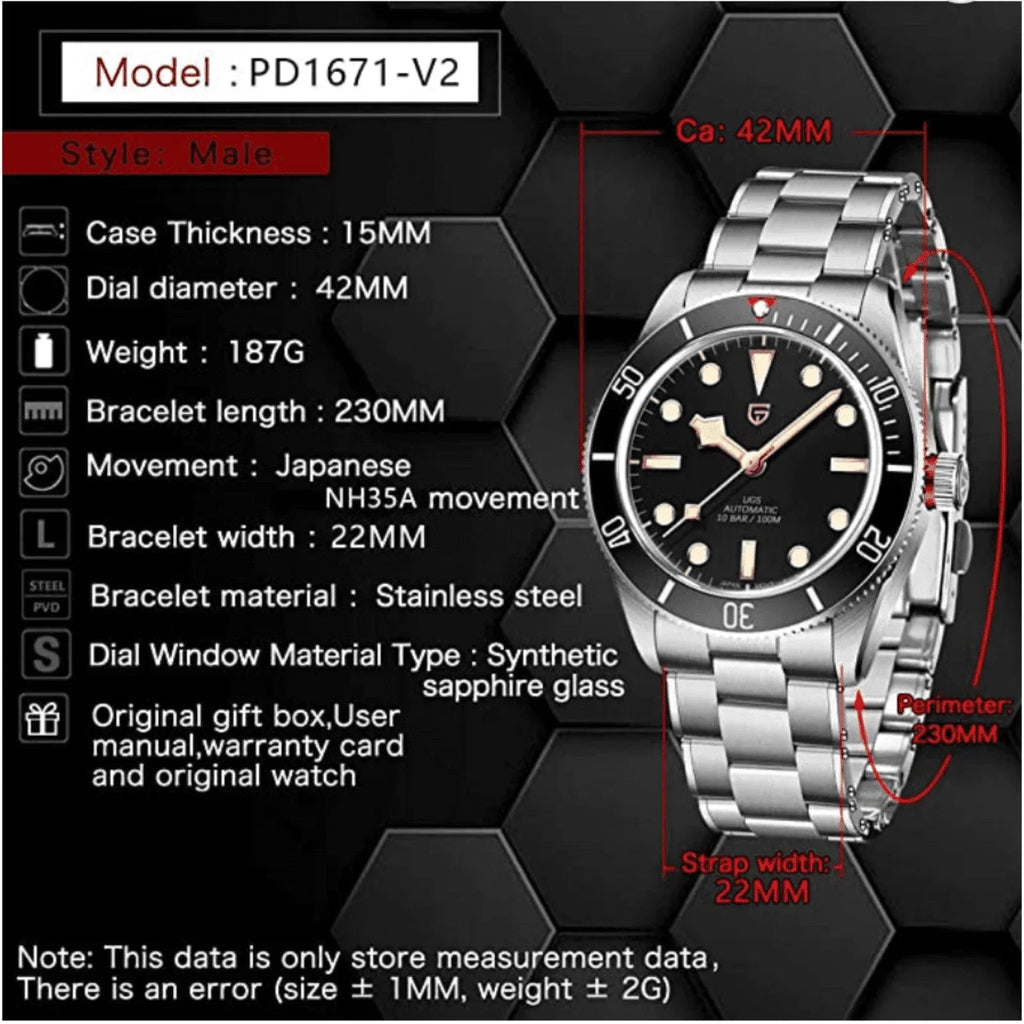 Pagani Design PD-1671 V2 42mm Mens Automatic Waterproof Mechanical Watch with (Japanese NH-35 Movement) - Black Bay - DREAM WATCHES