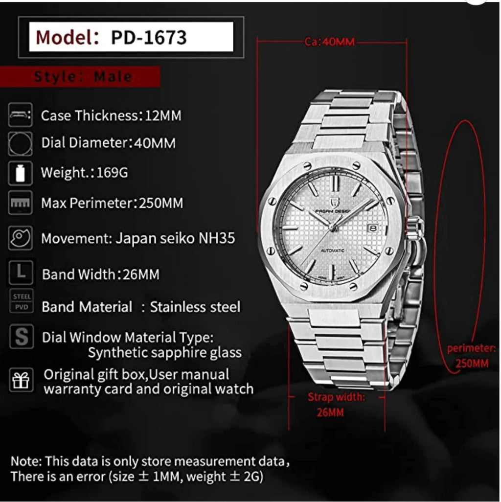 Pagani Design PD-1673 Royal Oak Men's 40mm NH35A Automatic Mechanical Watch 100M Waterproof Sapphire Crystal Stainless Steel Luminous Watch - DREAM WATCHES