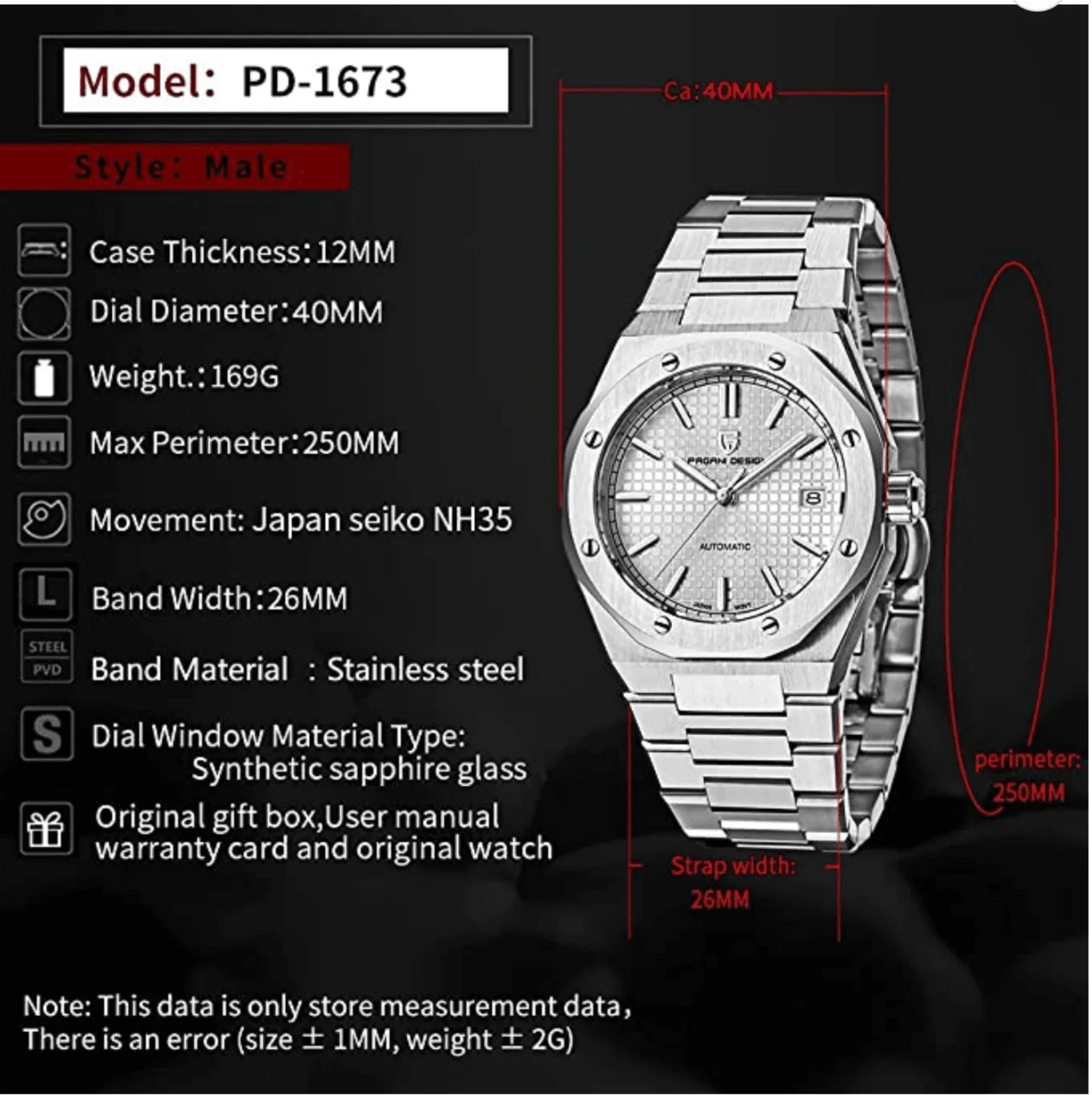 Pagani Design PD-1673 Royal Oak Men's 40mm NH35A Automatic Mechanical Watch 100M Waterproof Sapphire Crystal Stainless Steel Luminous Watch - DREAM WATCHES