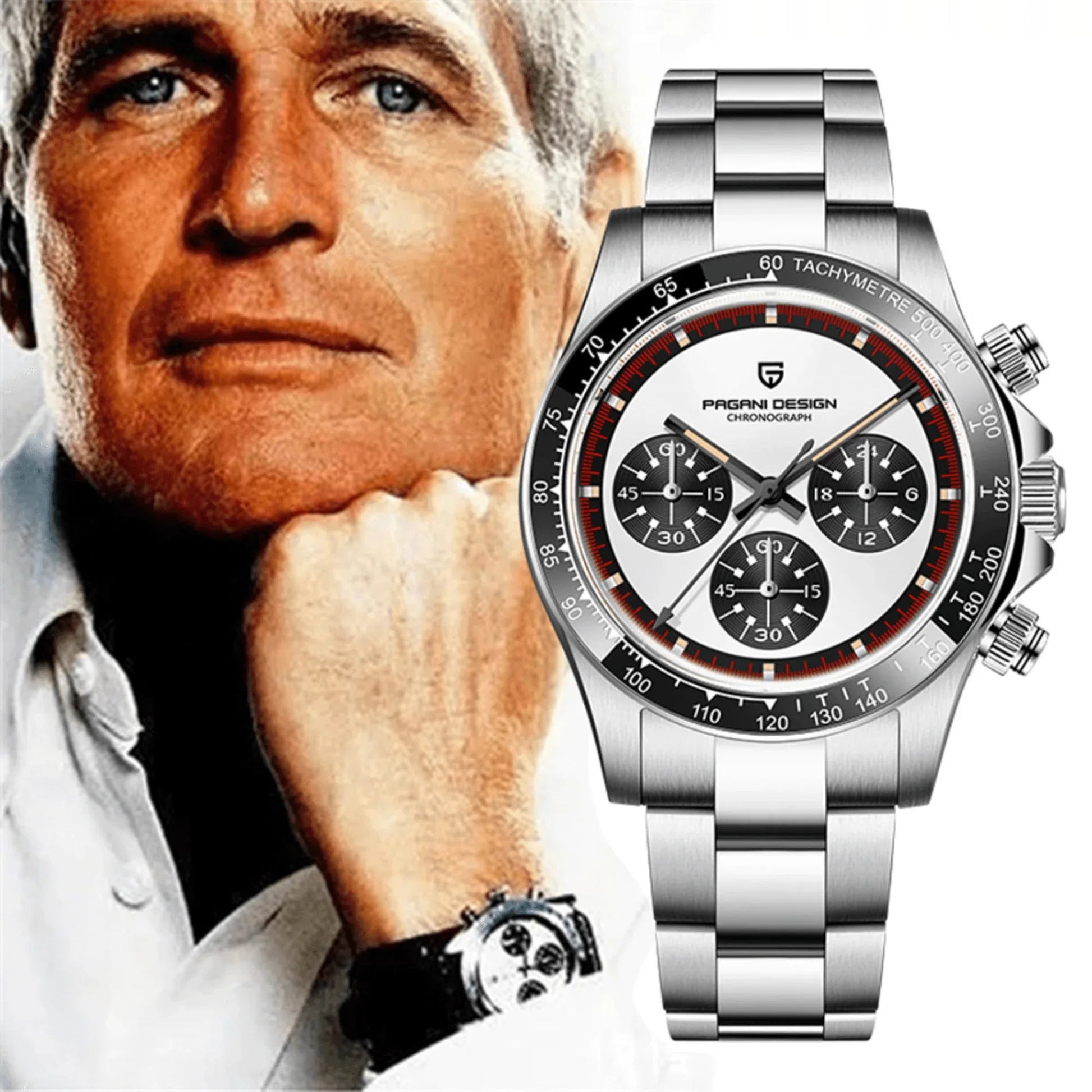 Pagani Design PD-1676 Paul Newman Chronograph Luxury Waterproof Movement (Japanese VK63) | Stainless Steel Men's 40MM Watch - White Dial - DREAM WATCHES