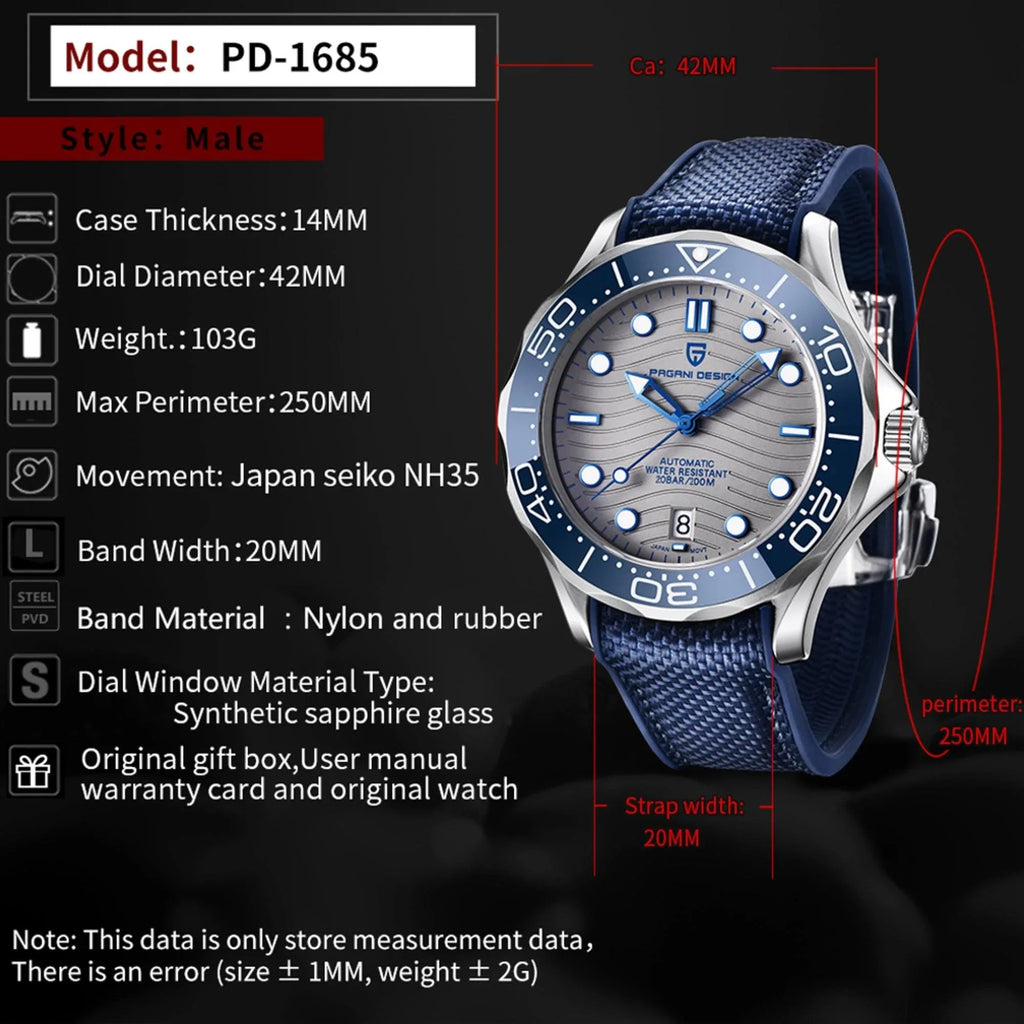 Pagani Design PD-1685 42MM (Japanese NH-35 Automatic Movement) Mechanical Watch 100M Waterproof Dive Watch Sapphire Stainless Steel Bracelet Watch Seamaster (Nylon Style Folding Clasp) - DREAM WATCHES