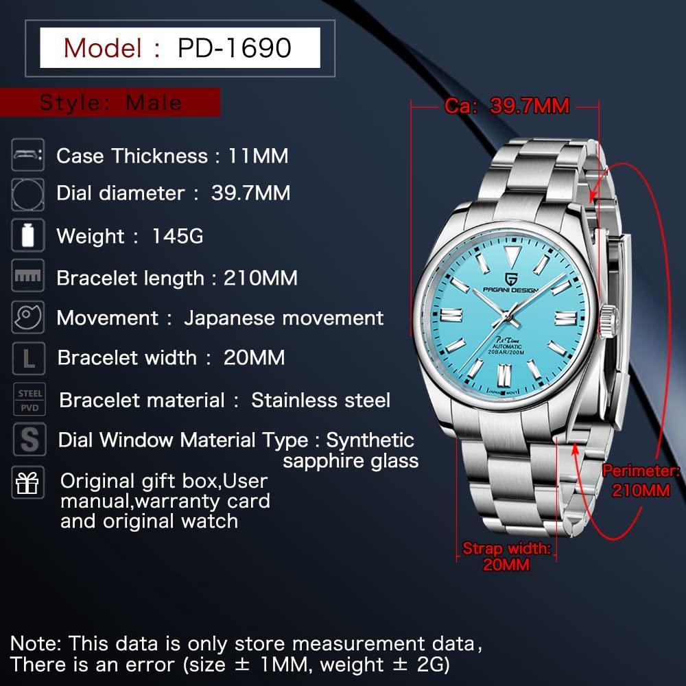 Pagani Design PD-1690 39 MM (Automatic Movement) Mechanical Watch Sapphire Stainless Steel Watch Date Just" Tiffany Blue Dial" - DREAM WATCHES