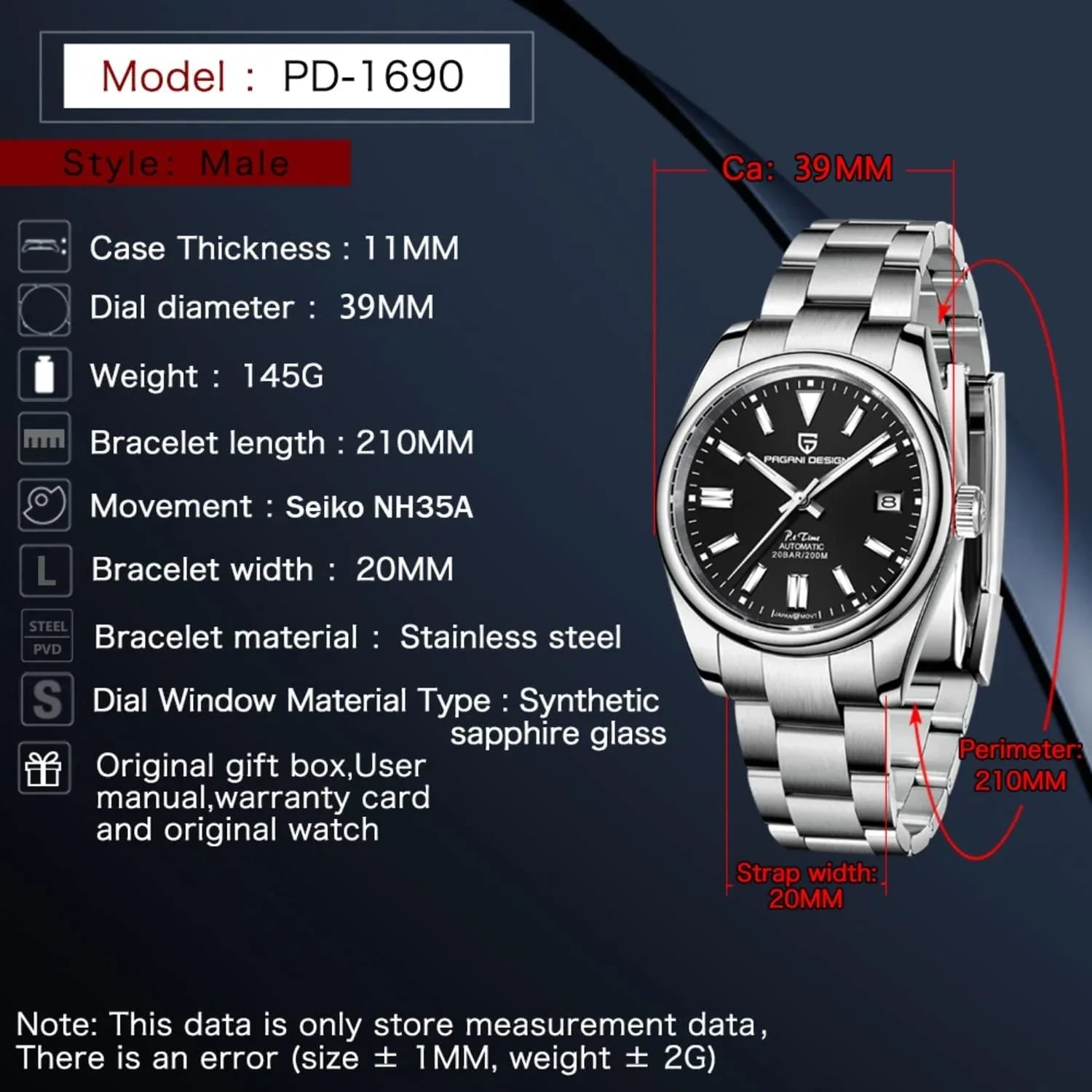 Pagani Design PD-1690 39 MM (Automatic Movement) Mechanical Watch Sapphire Stainless Steel Watch Oyster Perpetual"Black Dial" - DREAM WATCHES