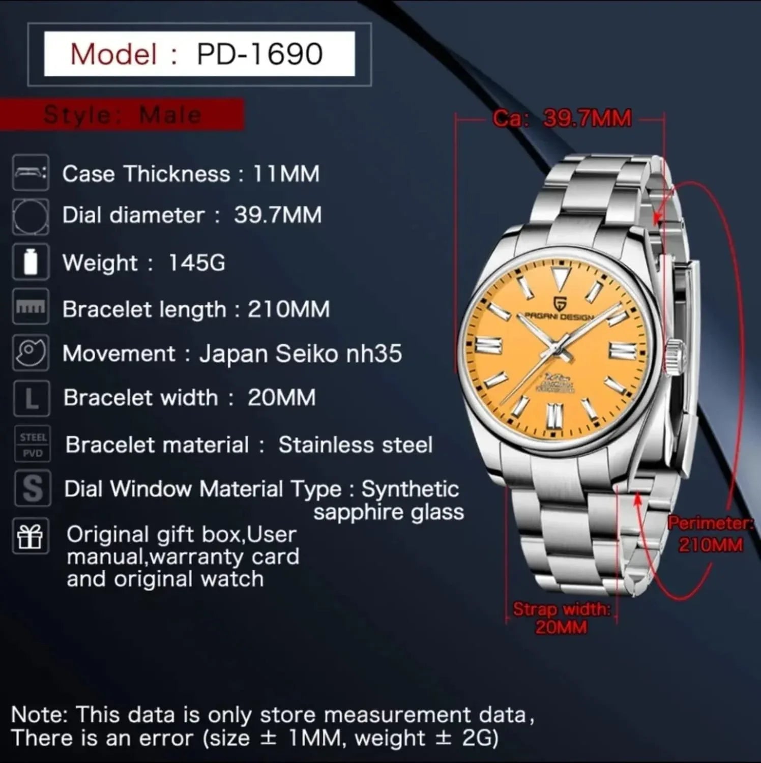 Pagani Design PD-1690 39 MM (Automatic Movement) Mechanical Watch Sapphire Stainless Steel Watch Oyster Perpetual"Yellow Dial" - DREAM WATCHES