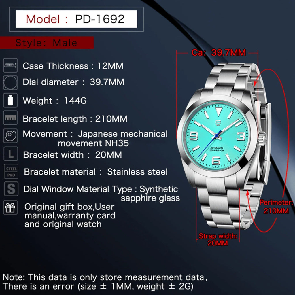 Pagani Design PD-1692 39.7 MM (Automatic Movement) Mechanical Watch Stainless Steel Watch - Date Just Turquoise Dial - DREAM WATCHES
