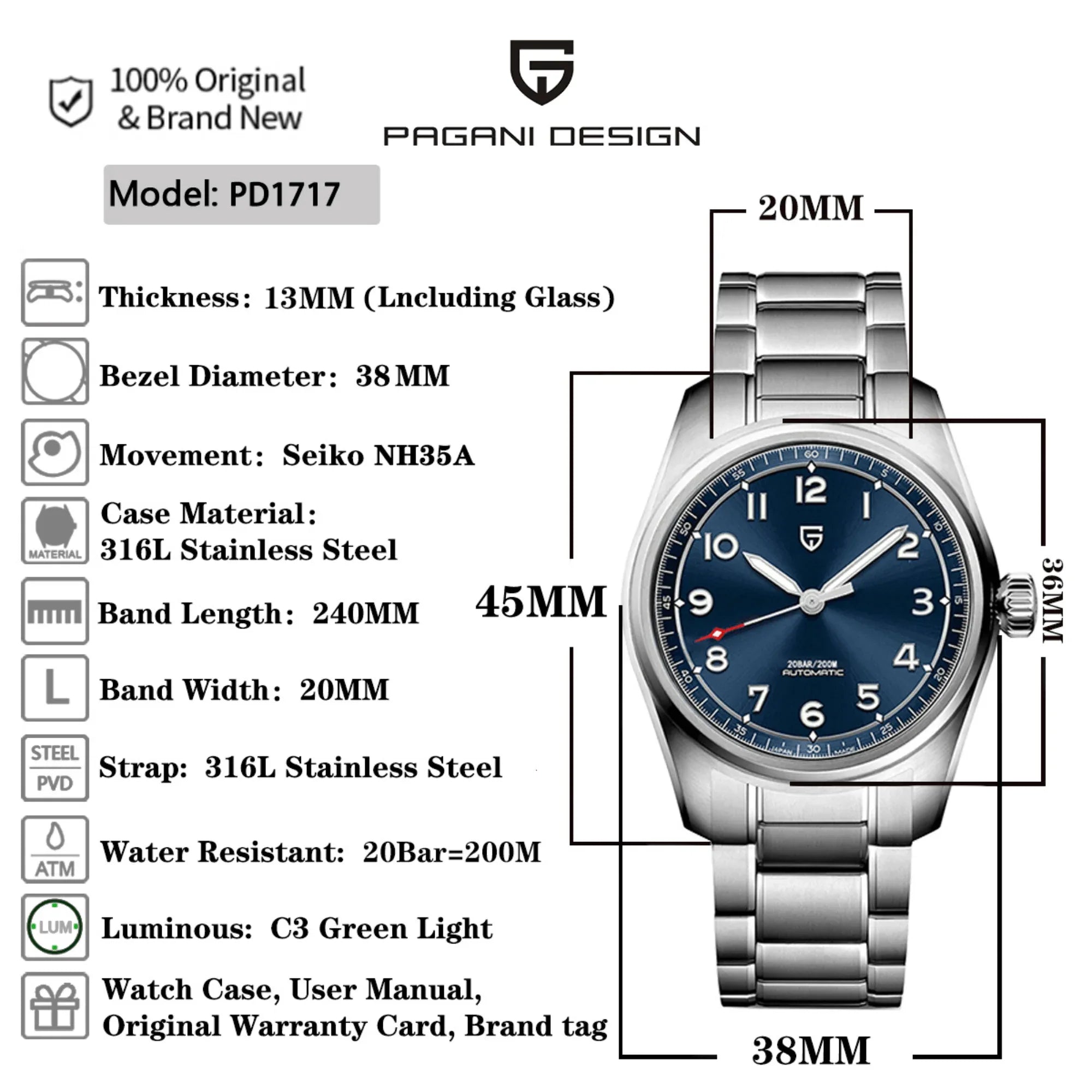 Pagani Design PD-1717 38 MM (Japan NH35A Automatic Movement) AR Coating Mechanical Watch Stainless Steel Watch Spirit Pilot Homage V2- White - DREAM WATCHES