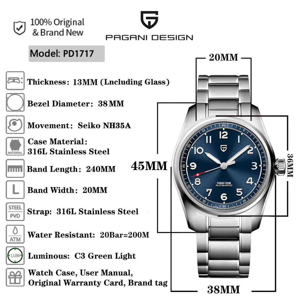 Pagani Design PD-1717 38 MM (Japan NH35A Automatic Movement) AR Coating Mechanical Watch Stainless Steel Watch Spirit Pilot Homage V2- White - DREAM WATCHES