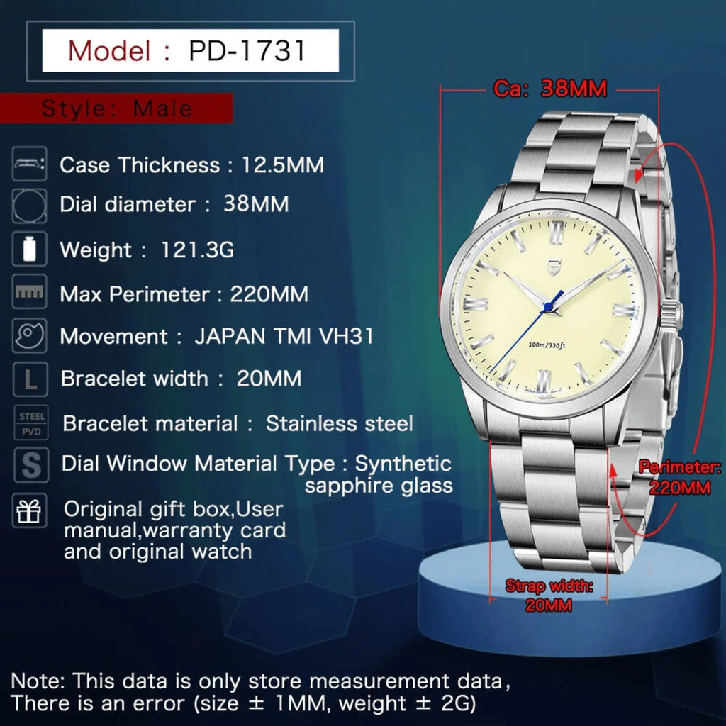 Pagani Design PD-1731 Grand Seiko Homage Luxury Quartz Movement (Japanese VH31) AR Coating Stainless Steel Men's 40MM Watch - Cream - DREAM WATCHES