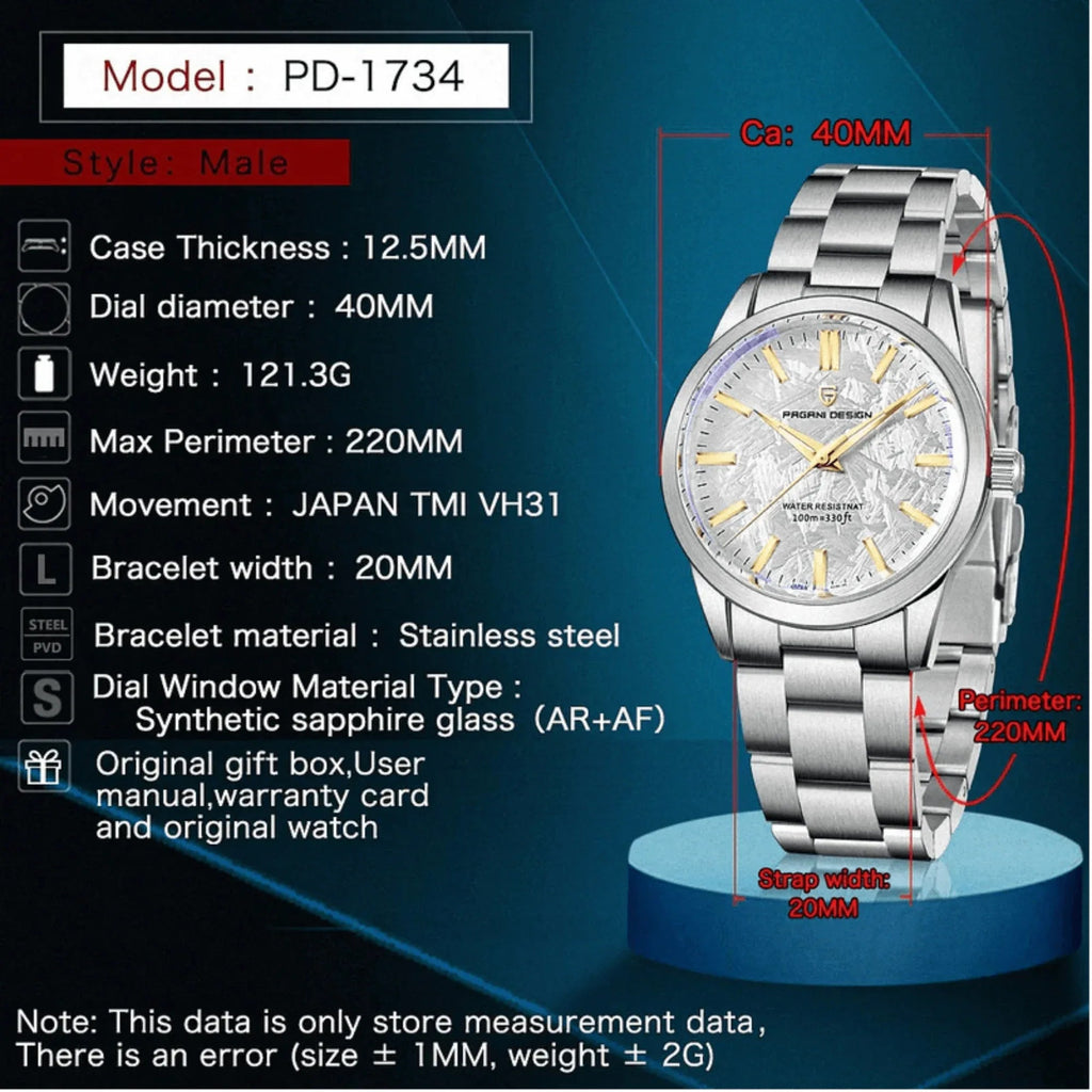 Pagani Design PD-1734 GS Luxury Quartz Movement (Japanese VH31) | Stainless Steel Palm Leaf Dial Men's 40MM Watch - DREAM WATCHES