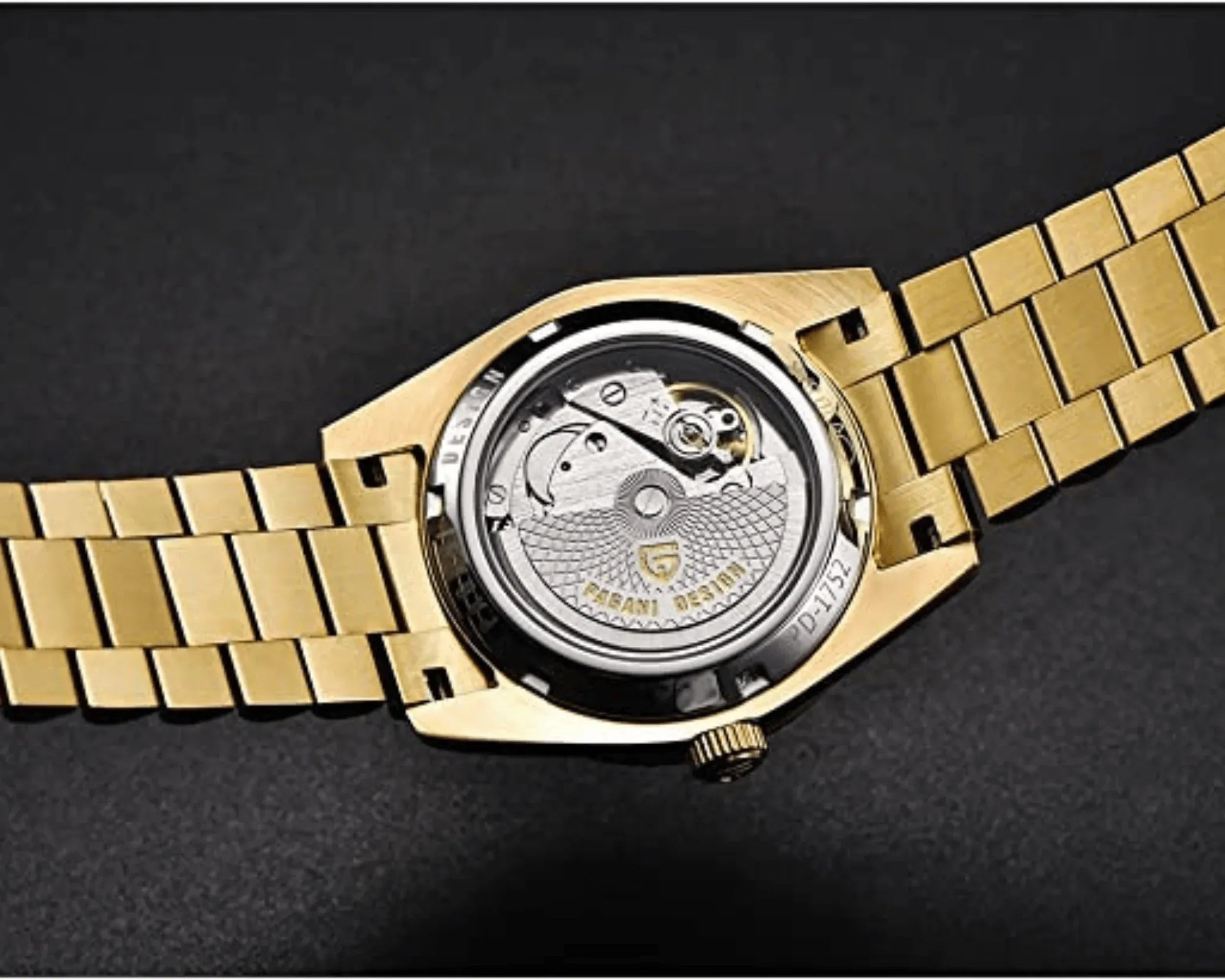 Pagani Design PD-1752 Presidential Day-Date Homage Automatic Movement (ST-16) | Stainless Steel Dial Men's 36 MM Watch | Black Dial - Golden - DREAM WATCHES