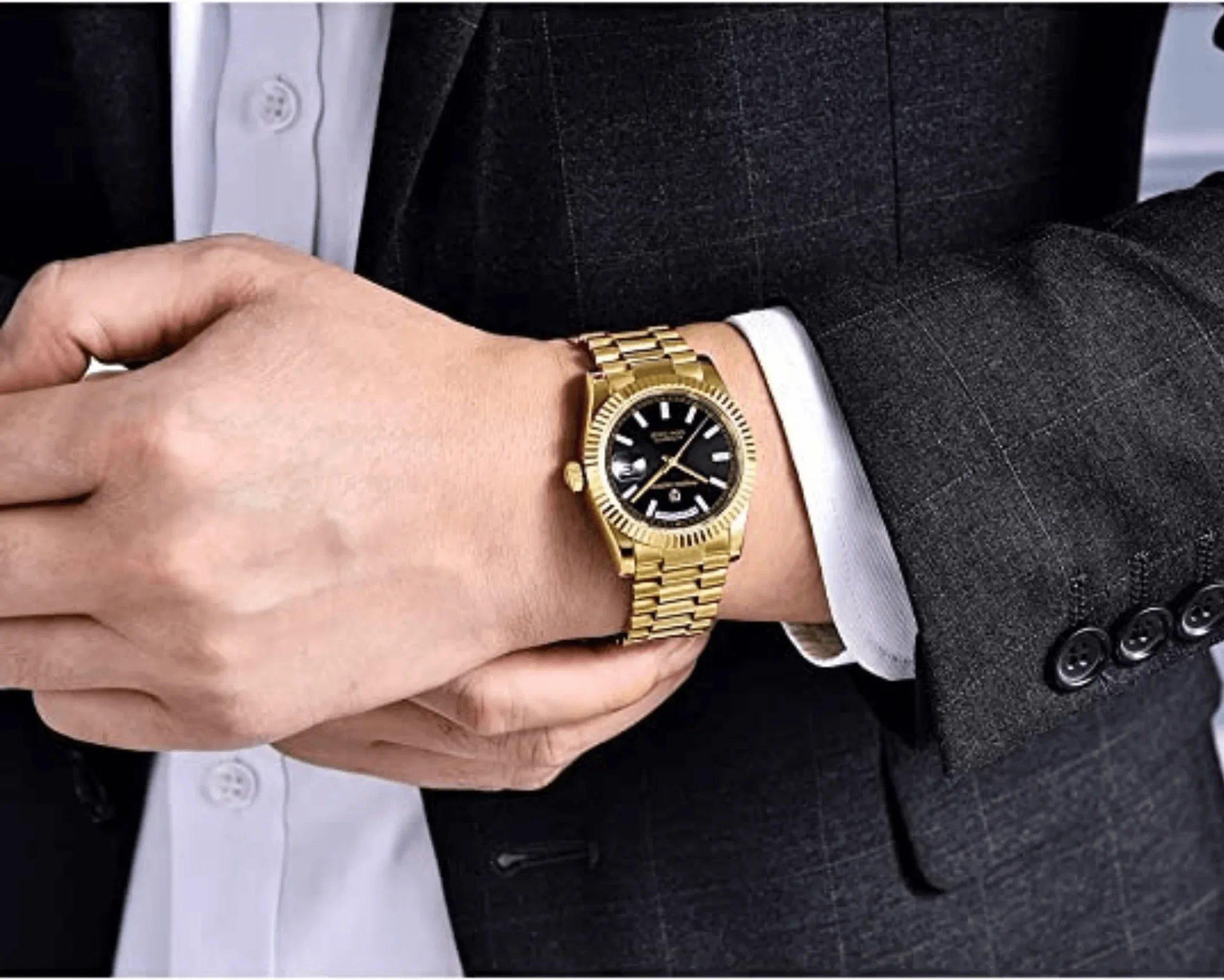 Pagani Design PD-1752 Presidential Day-Date Homage Automatic Movement (ST-16) | Stainless Steel Dial Men's 36 MM Watch | Black Dial - Golden - DREAM WATCHES