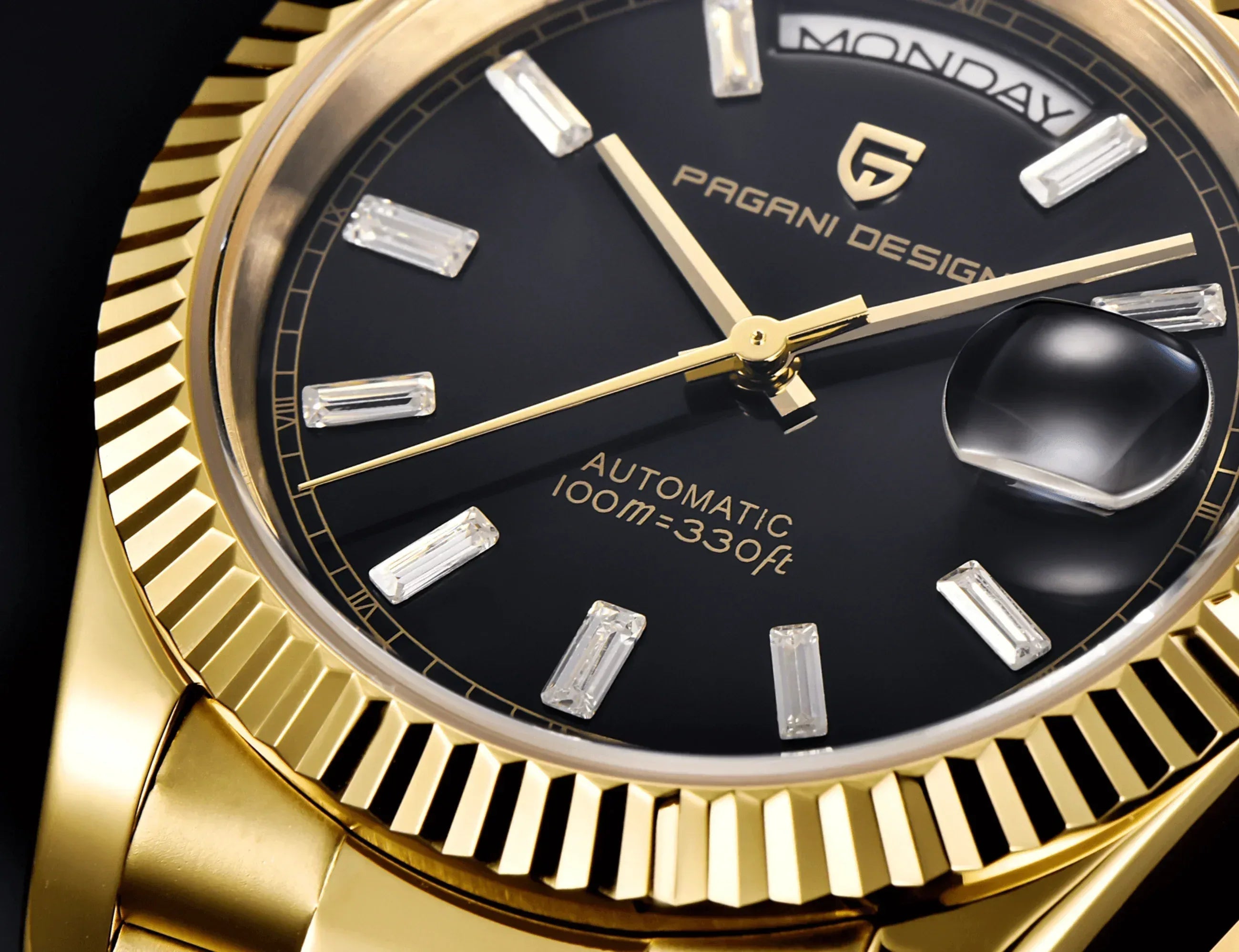 Pagani Design PD-1752 Presidential Day-Date Homage Automatic Movement (ST-16) | Stainless Steel Dial Men's 36 MM Watch | Black Dial - Golden - DREAM WATCHES