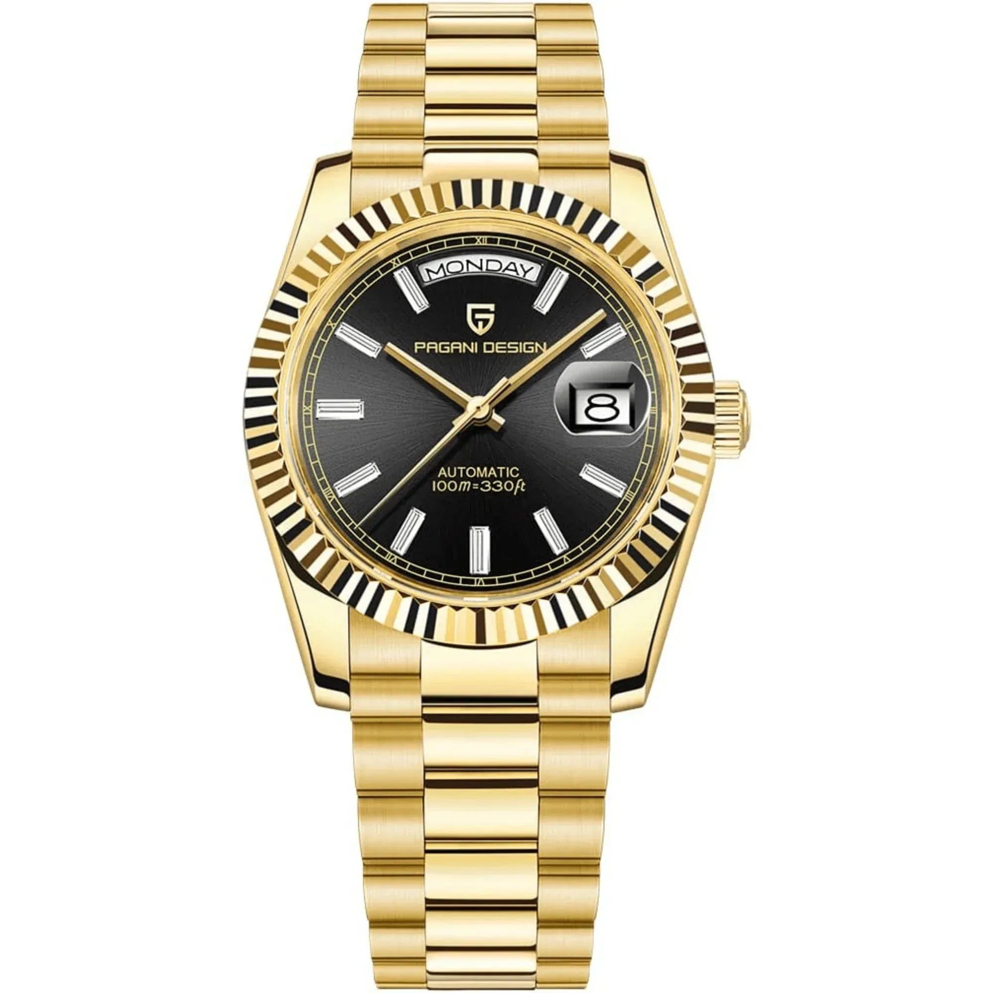 Pagani Design PD-1752 Presidential Day-Date Homage Automatic Movement (ST-16) | Stainless Steel Dial Men's 36 MM Watch | Black Dial - Golden - DREAM WATCHES