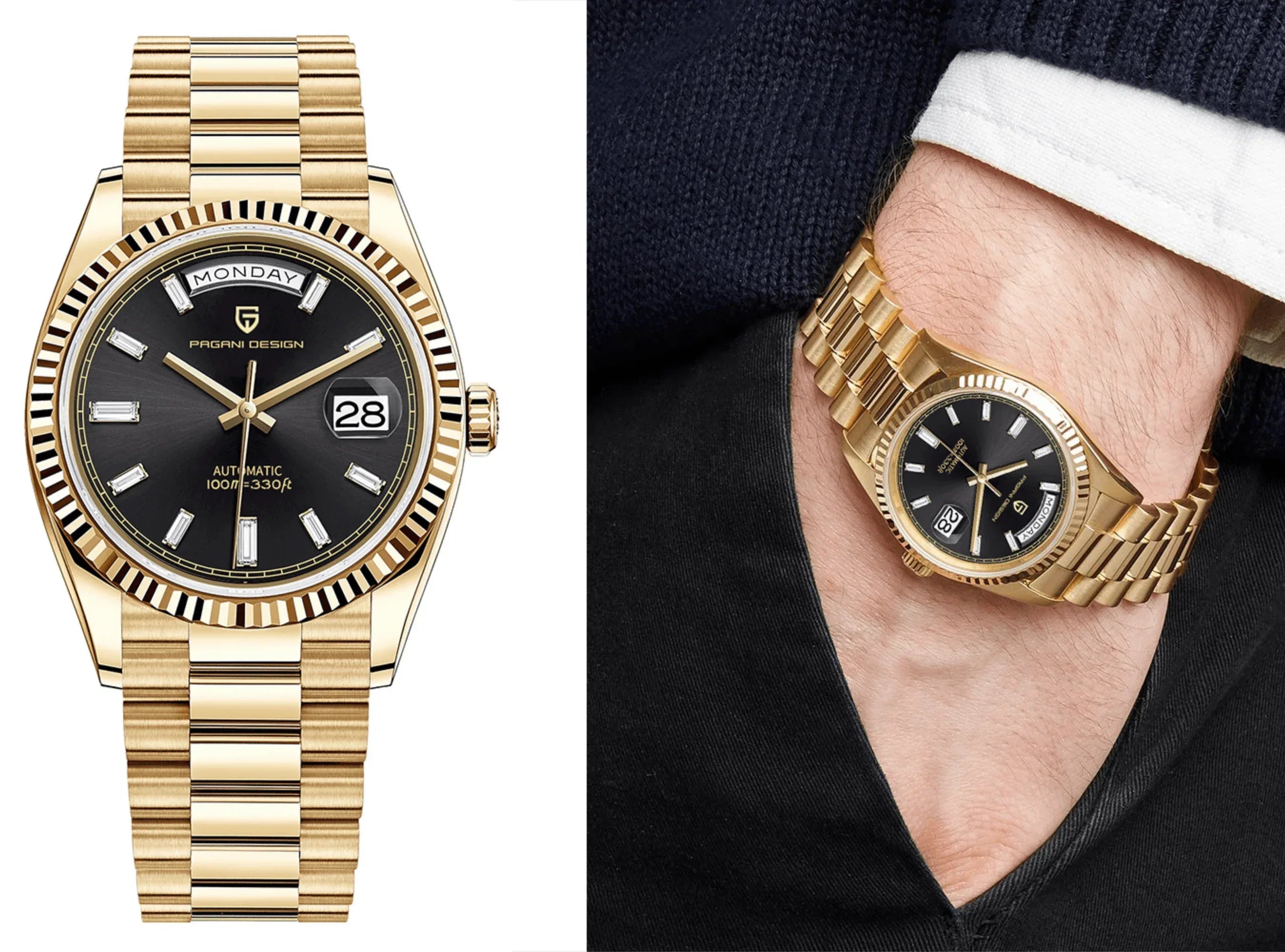 Pagani Design PD-1752 Presidential Day-Date Homage Automatic Movement (ST-16) | Stainless Steel Dial Men's 36 MM Watch | Black Dial - Golden - DREAM WATCHES