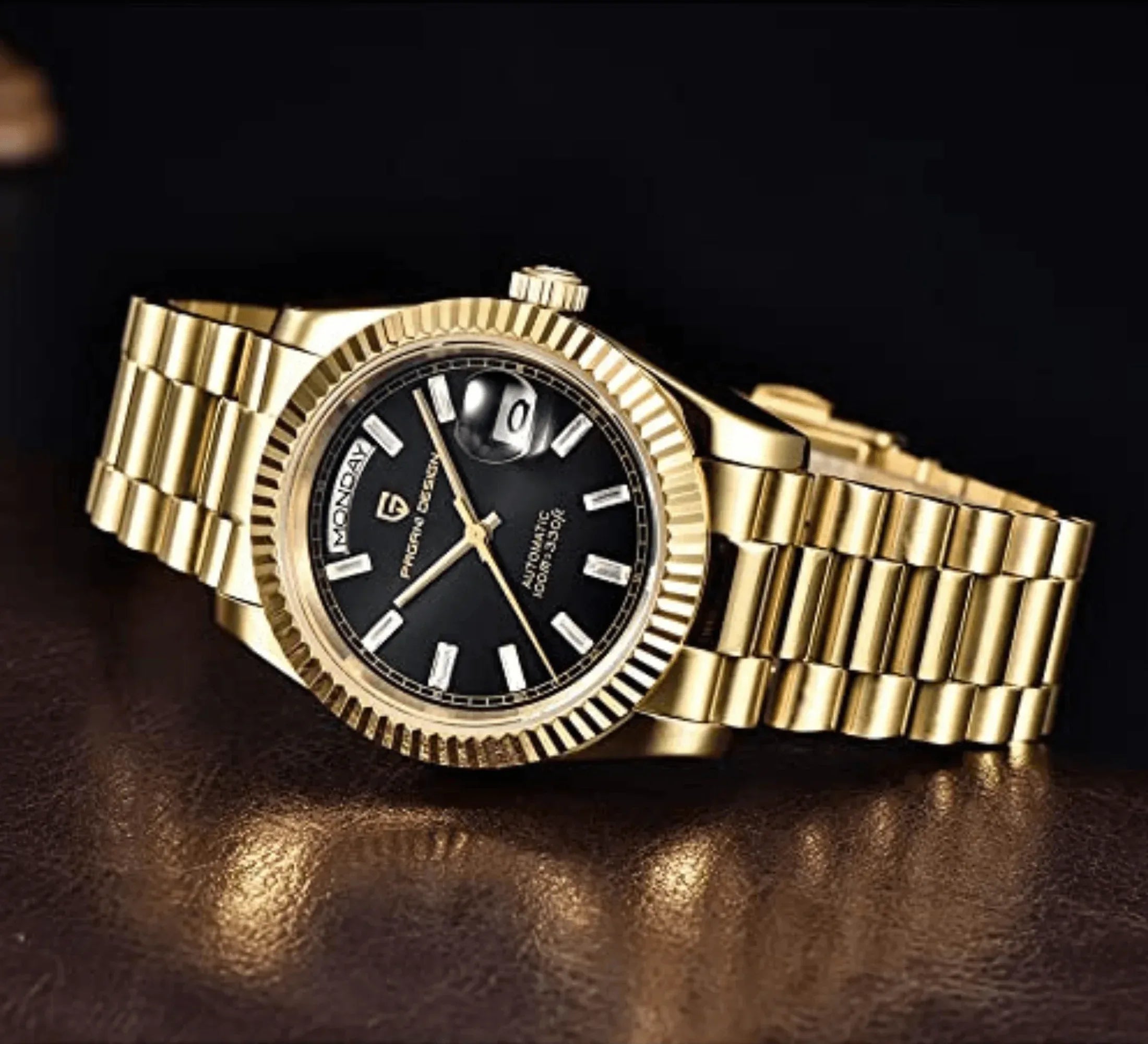 Pagani Design PD-1752 Presidential Day-Date Homage Automatic Movement (ST-16) | Stainless Steel Dial Men's 36 MM Watch | Black Dial - Golden - DREAM WATCHES