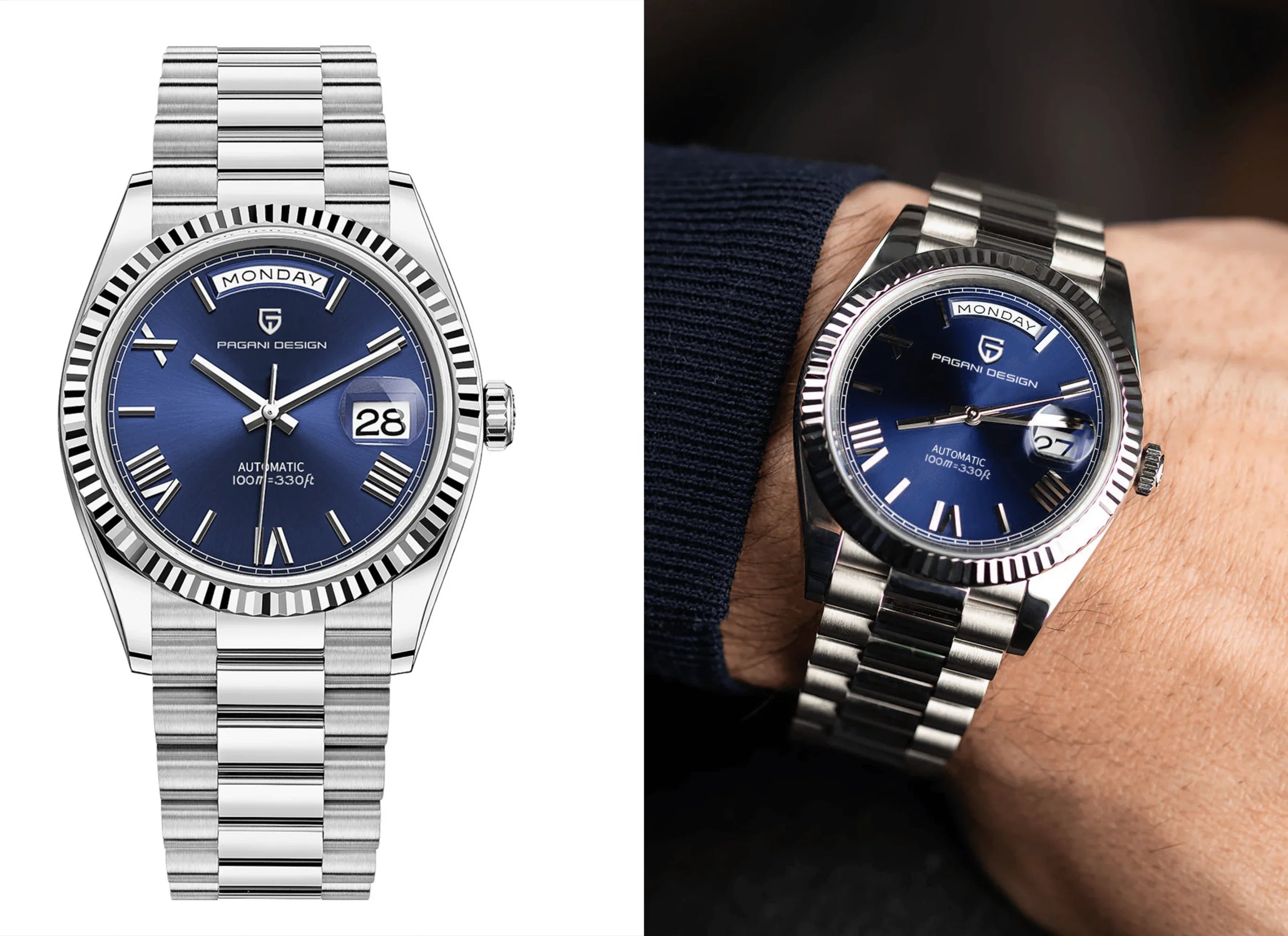 Pagani Design PD-1752 Presidential Day-Date Homage Automatic Movement (ST-16) | Stainless Steel Dial Men's 36 MM Watch | Deep Blue Dial - DREAM WATCHES