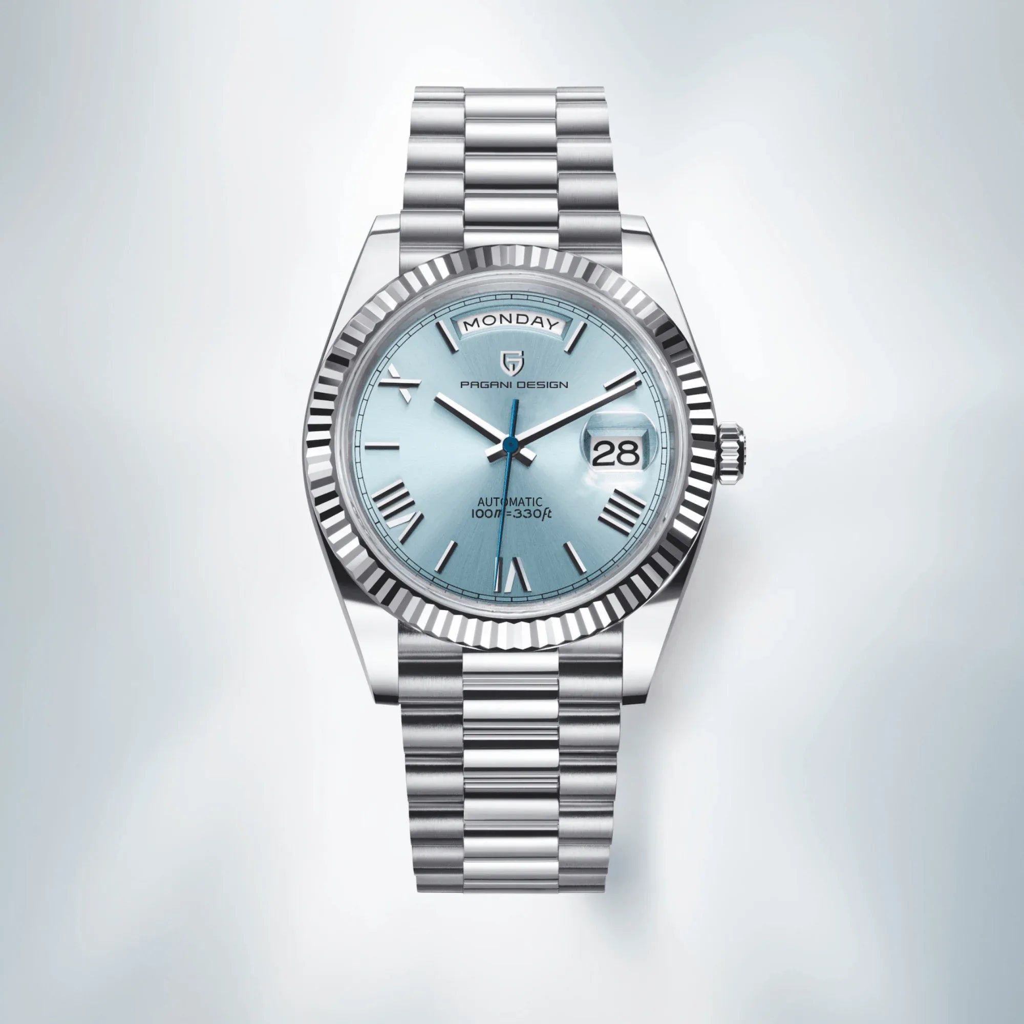 Pagani Design PD-1752 Presidential Day-Date Homage Automatic Movement (ST-16) | Stainless Steel Dial Men's 36 MM Watch | Ice Blue Dial - DREAM WATCHES