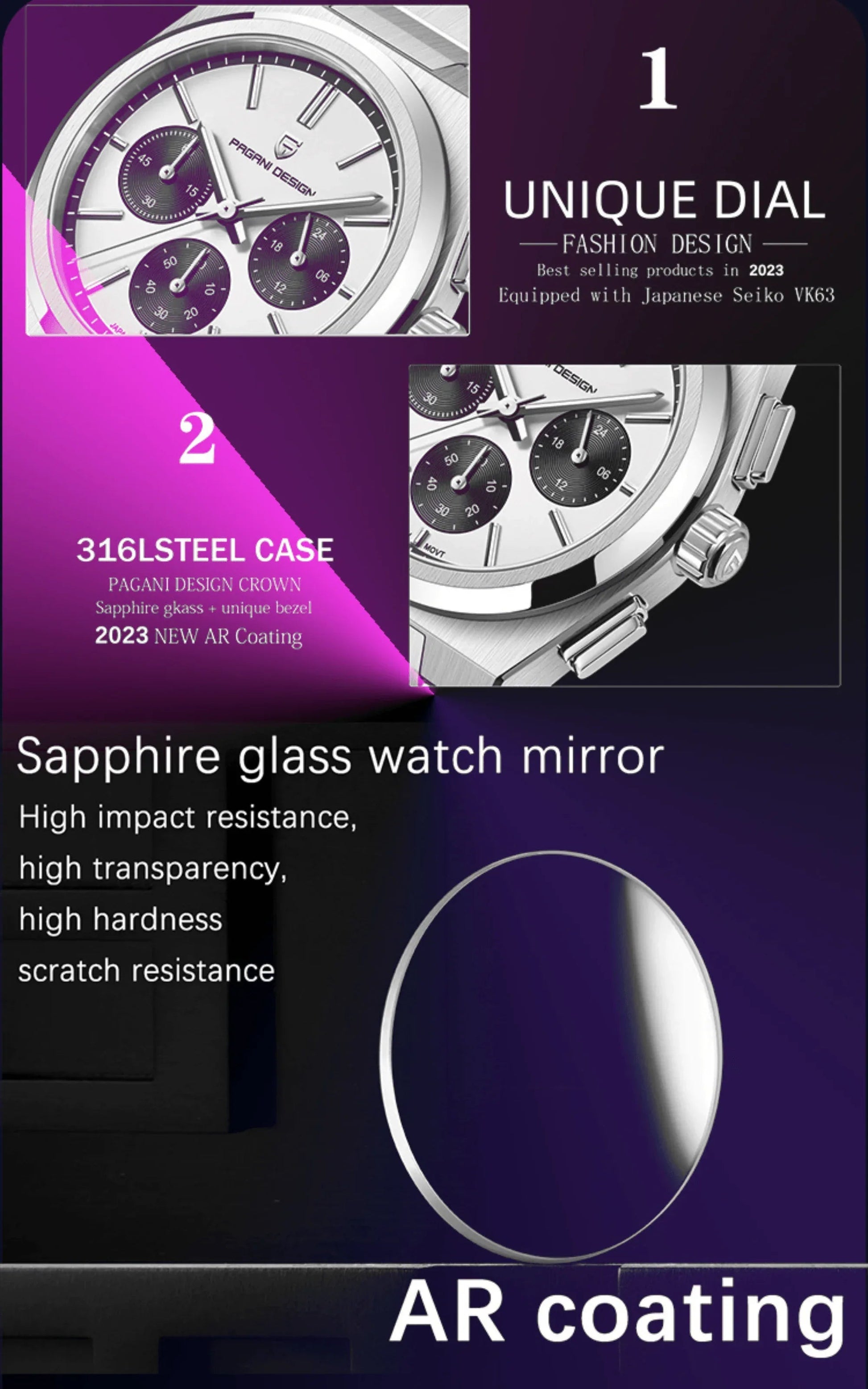 Pagani Design PD-1761 Chronograph Luxury Waterproof Movement (Japanese VK63) | Stainless Steel Men's 40MM Watch - DREAM WATCHES