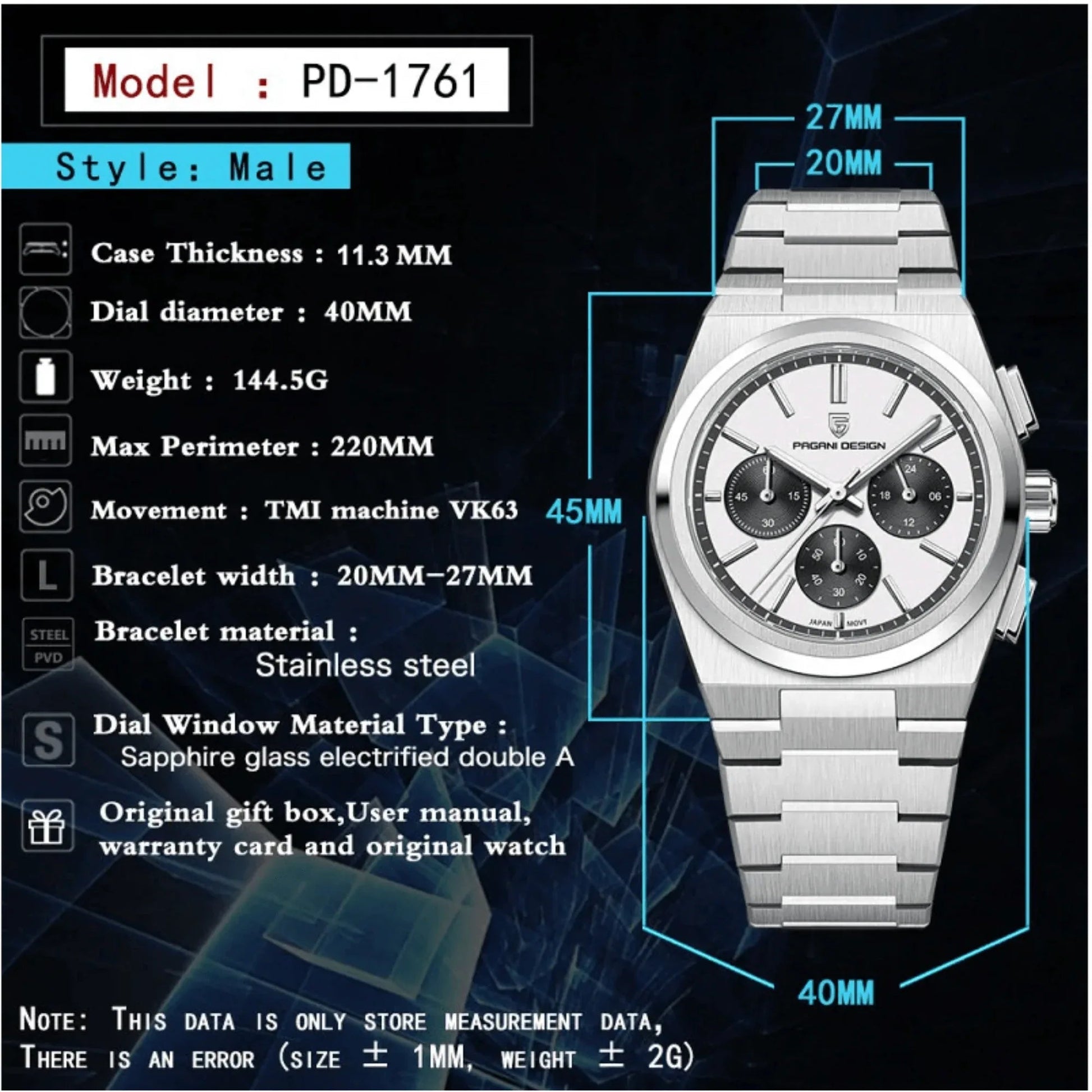 Pagani Design PD-1761 Chronograph Luxury Waterproof Movement (Japanese VK63) | Stainless Steel Men's 40MM Watch - DREAM WATCHES